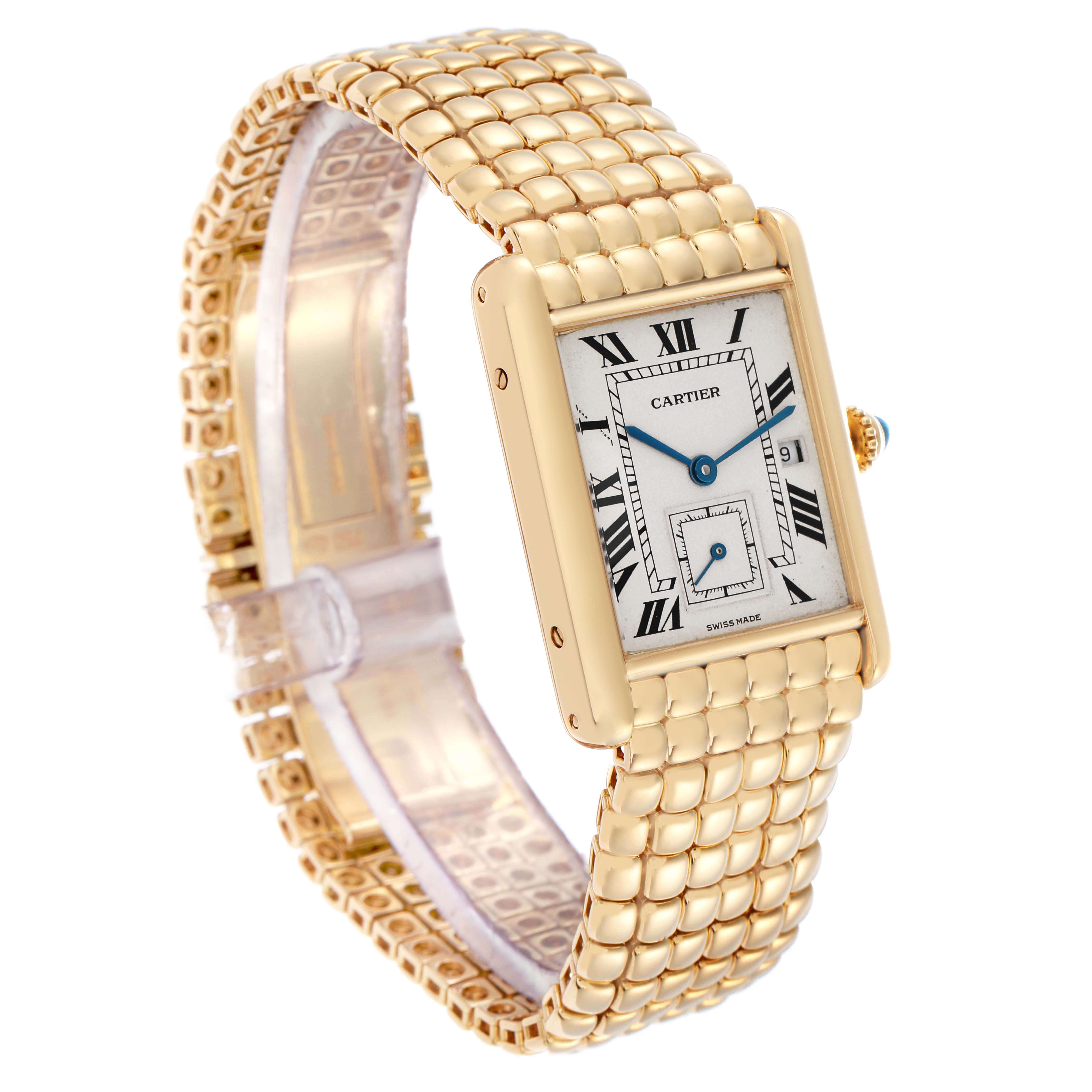 The Cartier Tank Louis 8110 Women
s Yellow Gold White Dial 8110 Women
s Yellow Gold White Dial watch is shown at a slight angle highlighting the face, Roman numerals, blue hands, and gold bracelet.