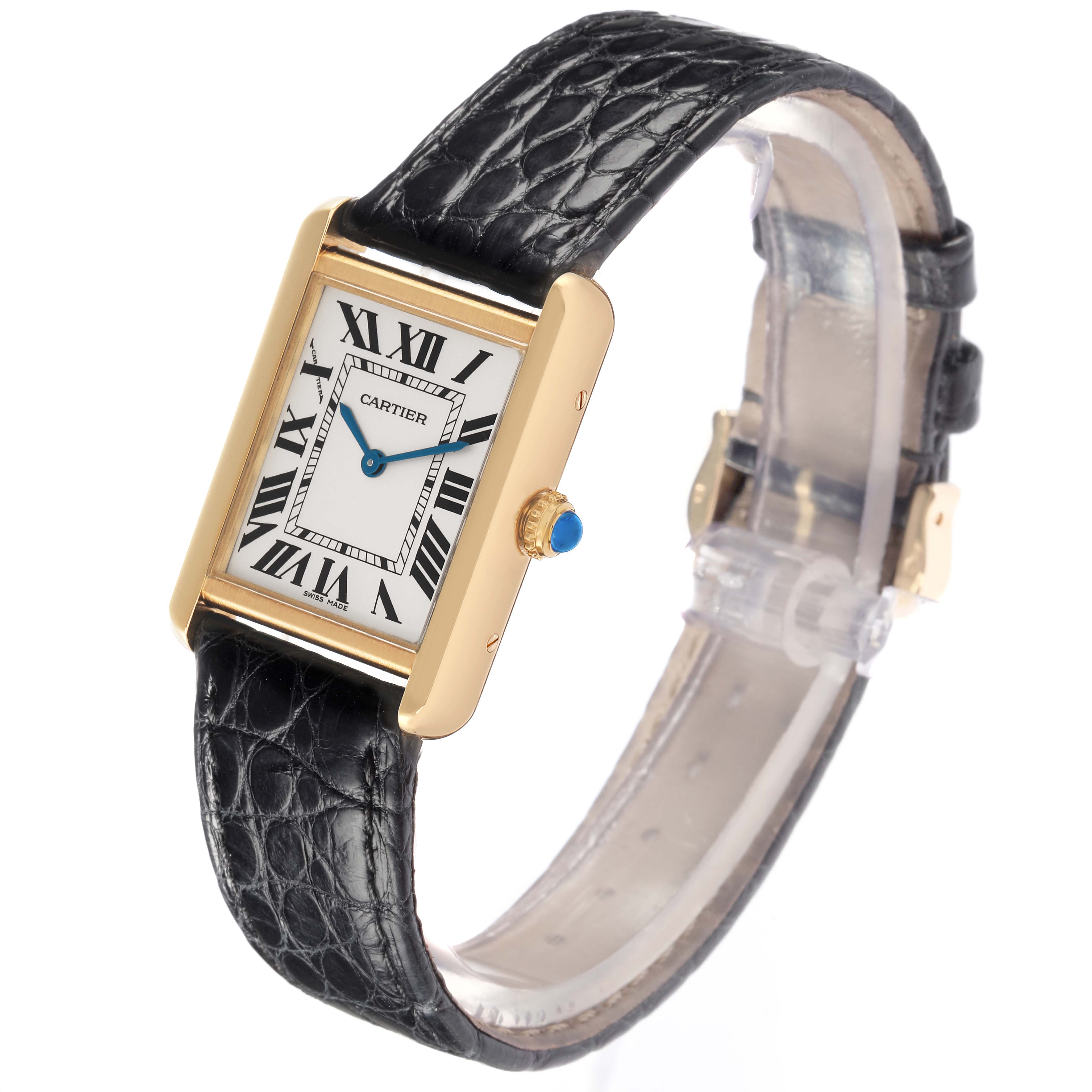 The Cartier Tank Solo W1018755 Women
s Yellow Gold Silver Dial W1018755 Women
s Yellow Gold Silver Dial watch is shown at a three-quarter angle, highlighting the face, crown, and leather strap.