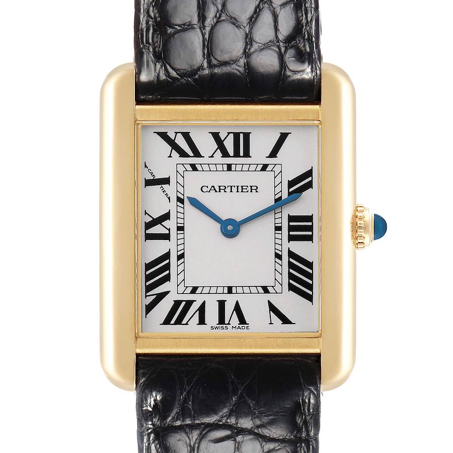 The Cartier Tank Solo W1018755 Women's Yellow Gold Silver Dial W1018755 Women's Yellow Gold Silver Dial watch is shown from a front angle, featuring the dial, Roman numerals, and crown with a blue stone.