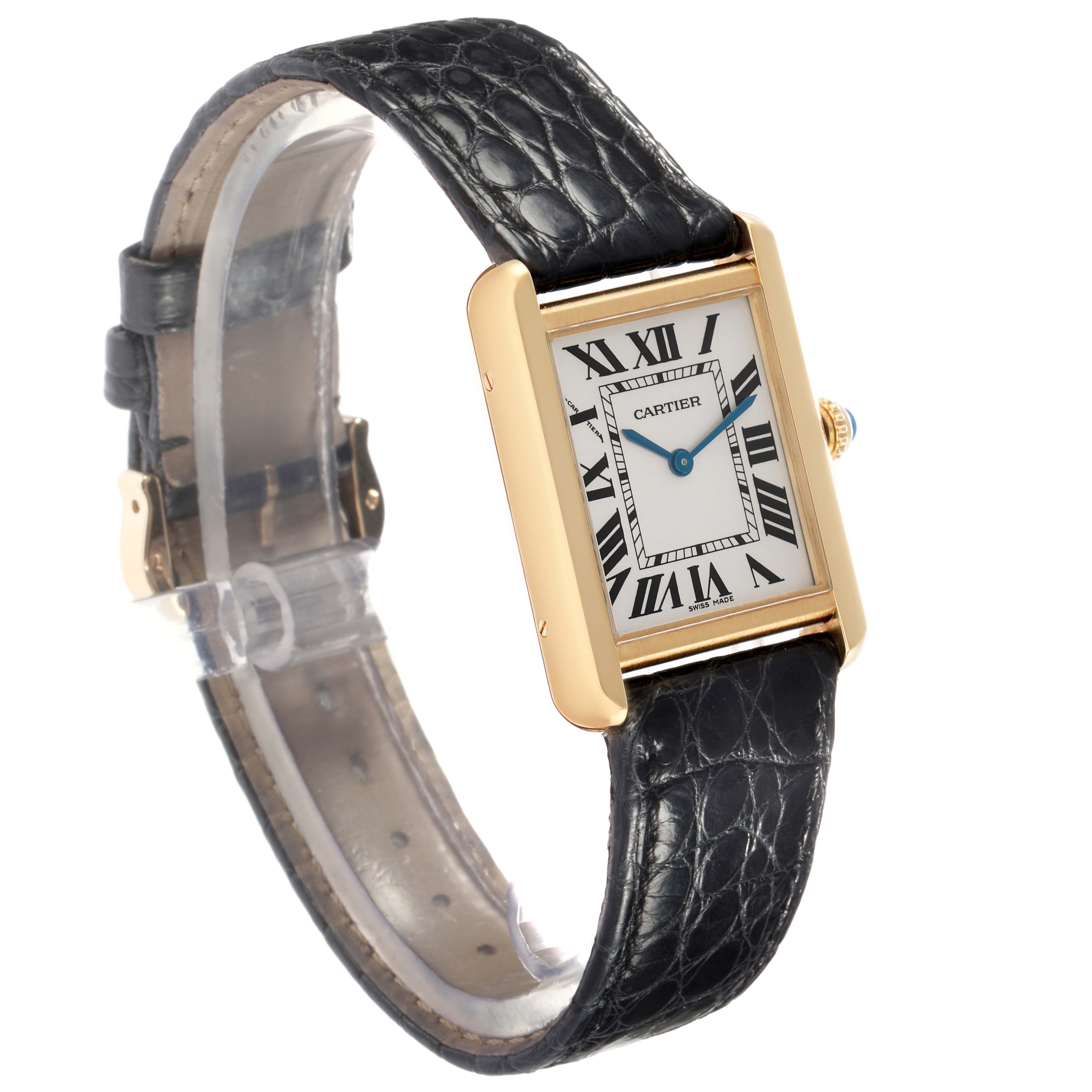 The Cartier Tank Solo W1018755 Women
s Yellow Gold Silver Dial W1018755 Women
s Yellow Gold Silver Dial watch is shown at an angled side view, highlighting the face, leather strap, and crown.