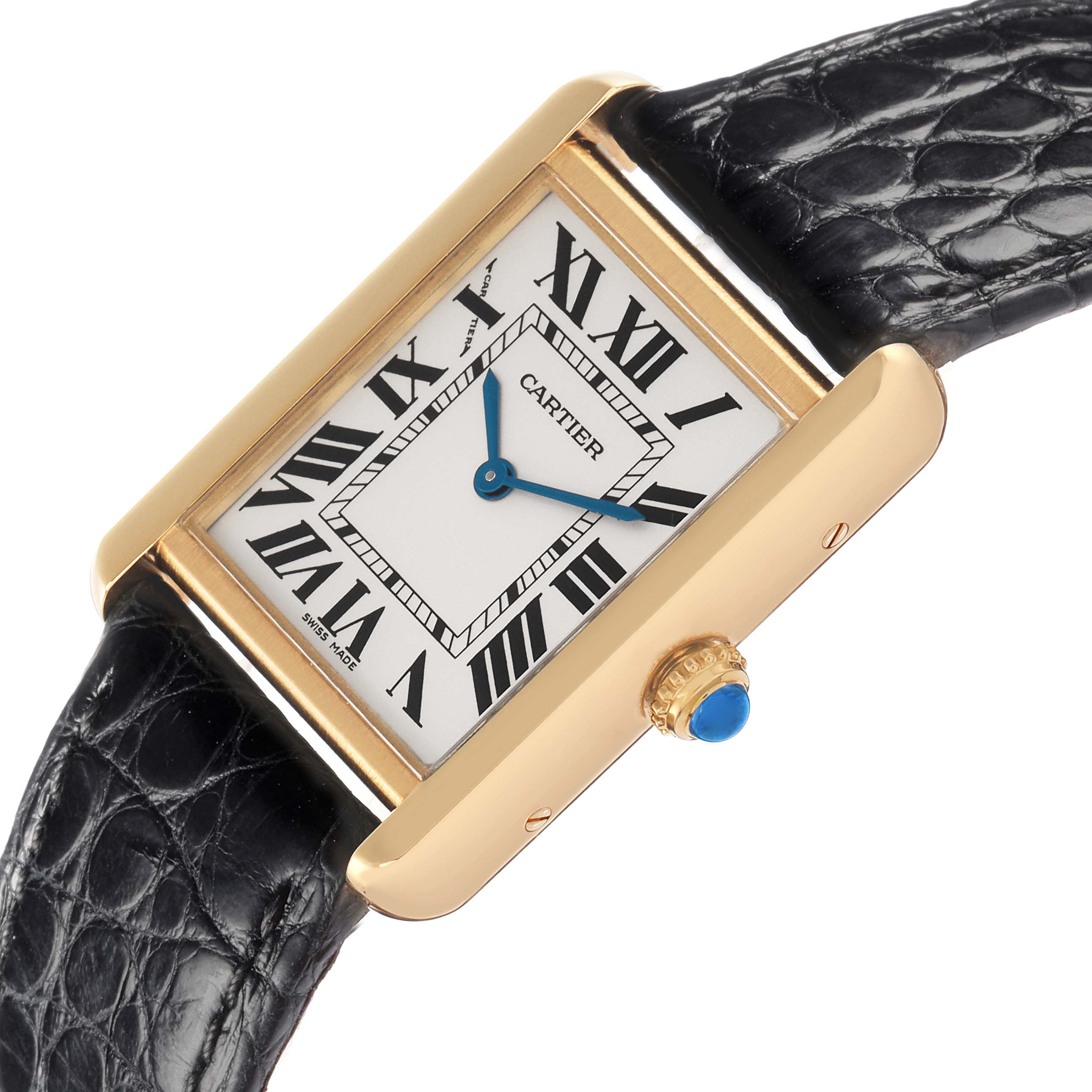 The Cartier Tank Solo W1018755 Women
s Yellow Gold Silver Dial W1018755 Women
s Yellow Gold Silver Dial watch is shown at an angled view, highlighting the dial, case, and crown with a gemstone.