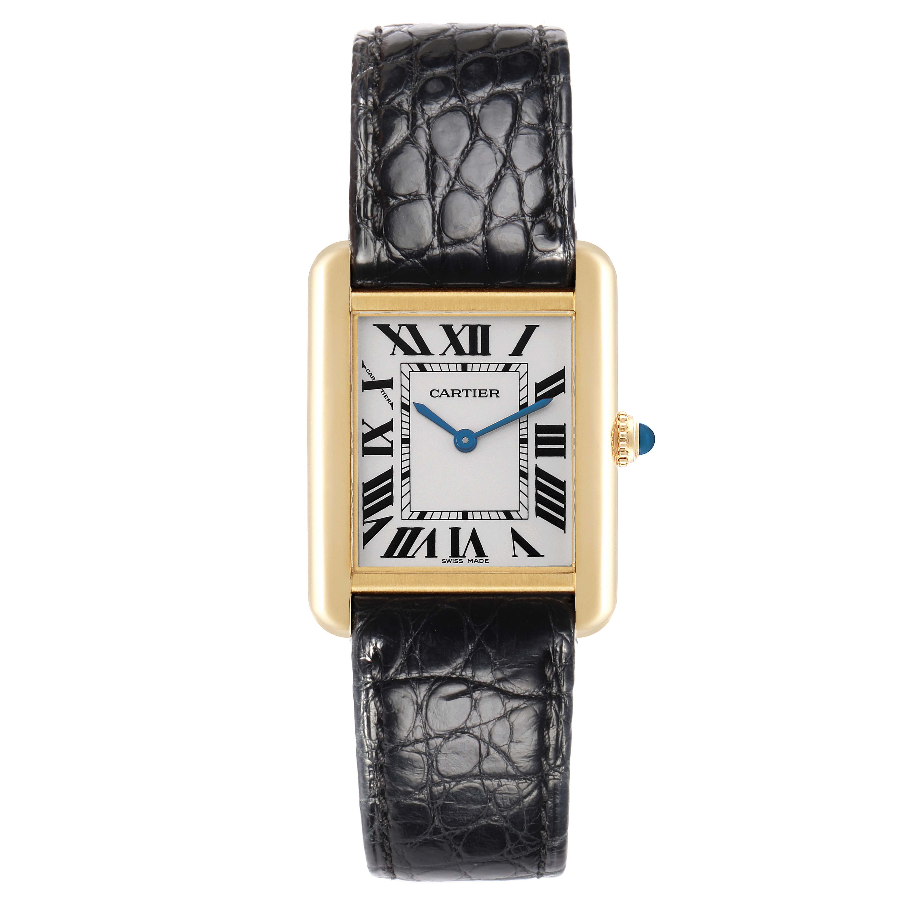 The Cartier Tank Solo W1018755 Women
s Yellow Gold Silver Dial W1018755 Women
s Yellow Gold Silver Dial watch is shown in a front view, displaying its rectangular face, Roman numerals, and black leather strap.
