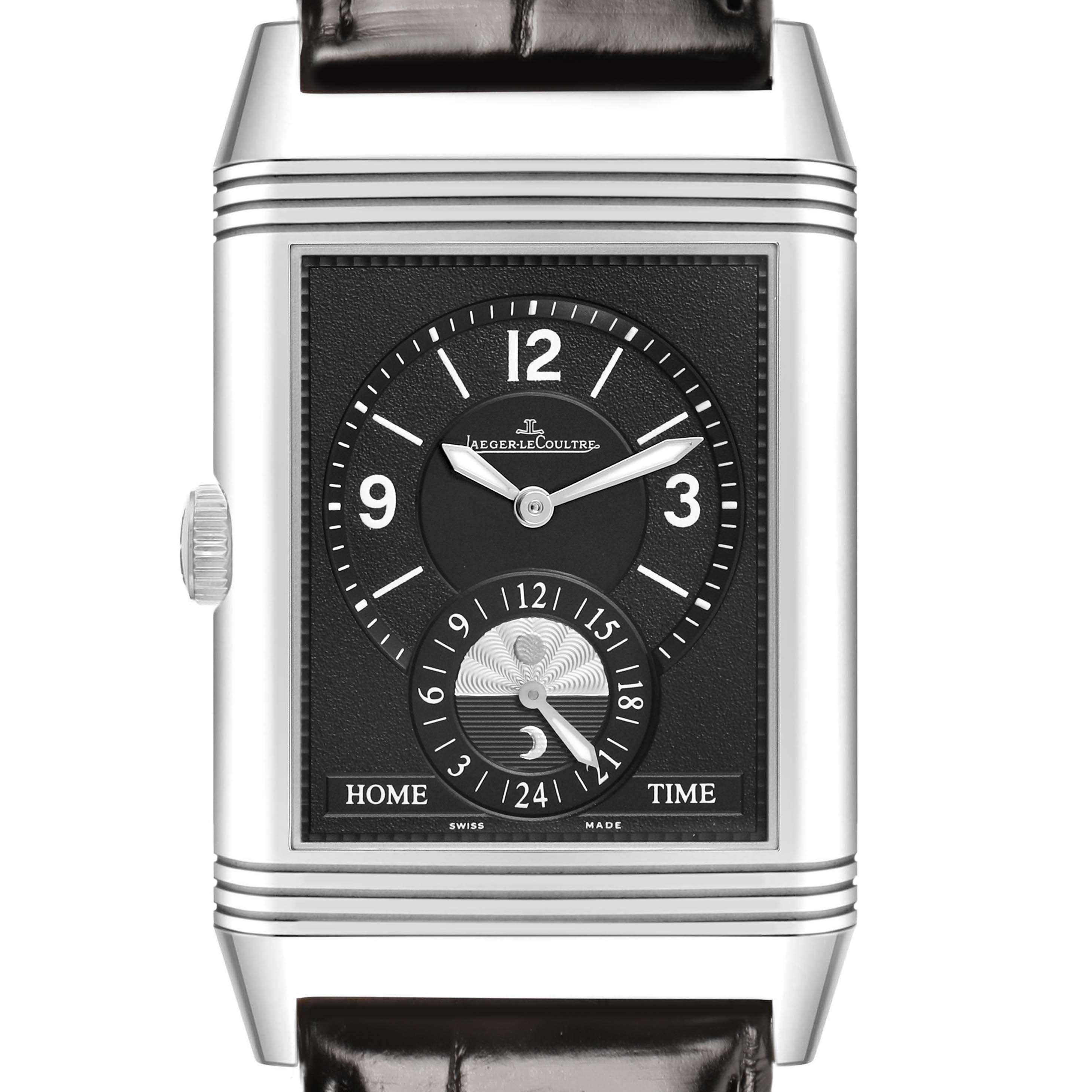 The Jaeger-LeCoultre Reverso watch is shown from a front view, displaying the dial, crown, and part of the strap.