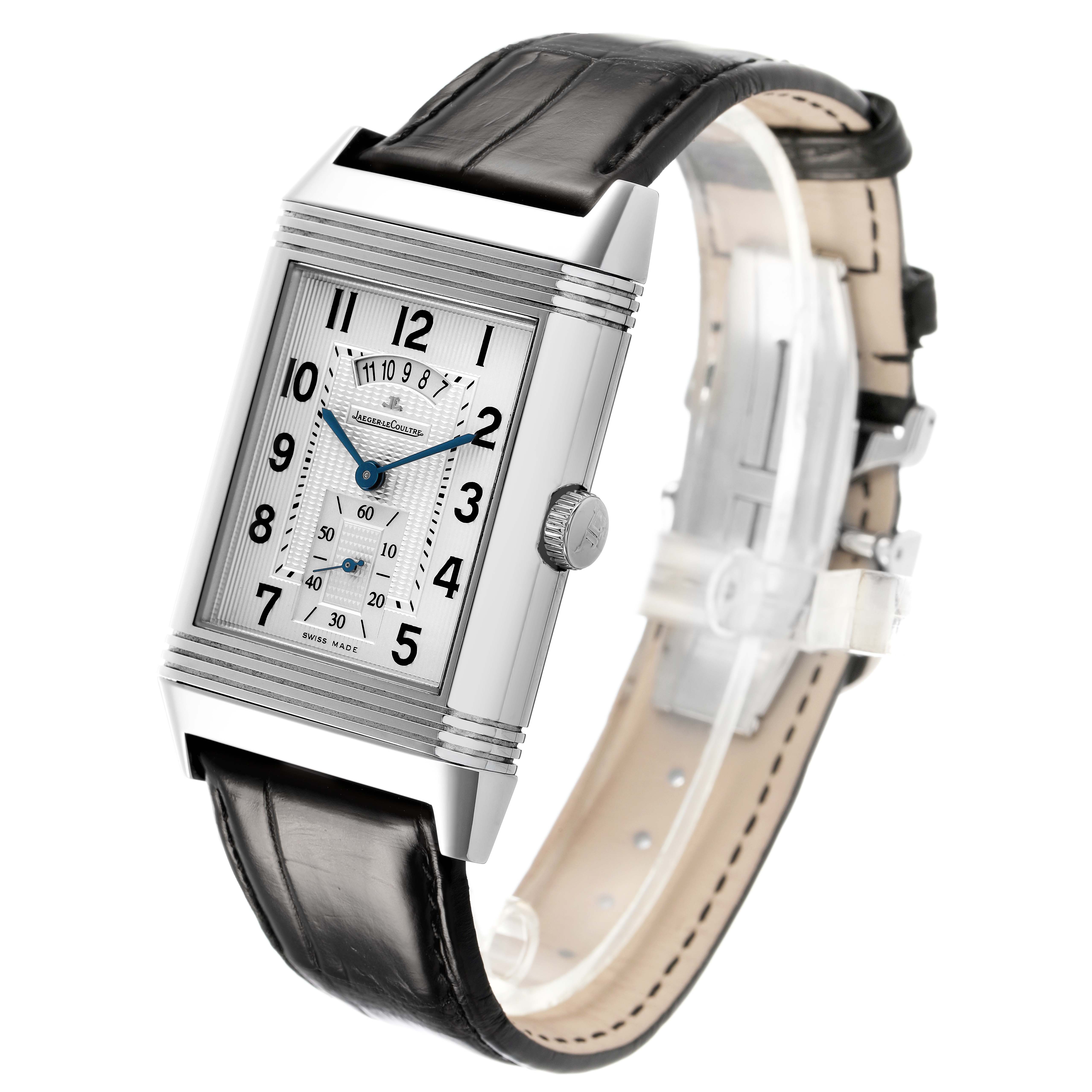 The Jaeger LeCoultre Reverso Q3748420 Men's Stainless Steel Silver Dial watch is shown at a three-quarter angle, highlighting the rectangular face, crown, and leather strap.