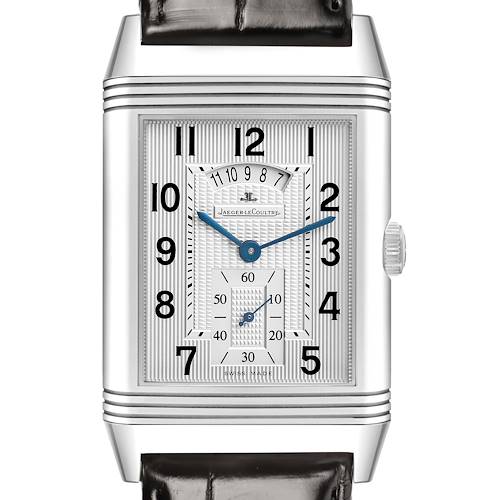 The Jaeger-LeCoultre Reverso watch is shown from the front, featuring its face, hands, crown, and part of its leather strap.