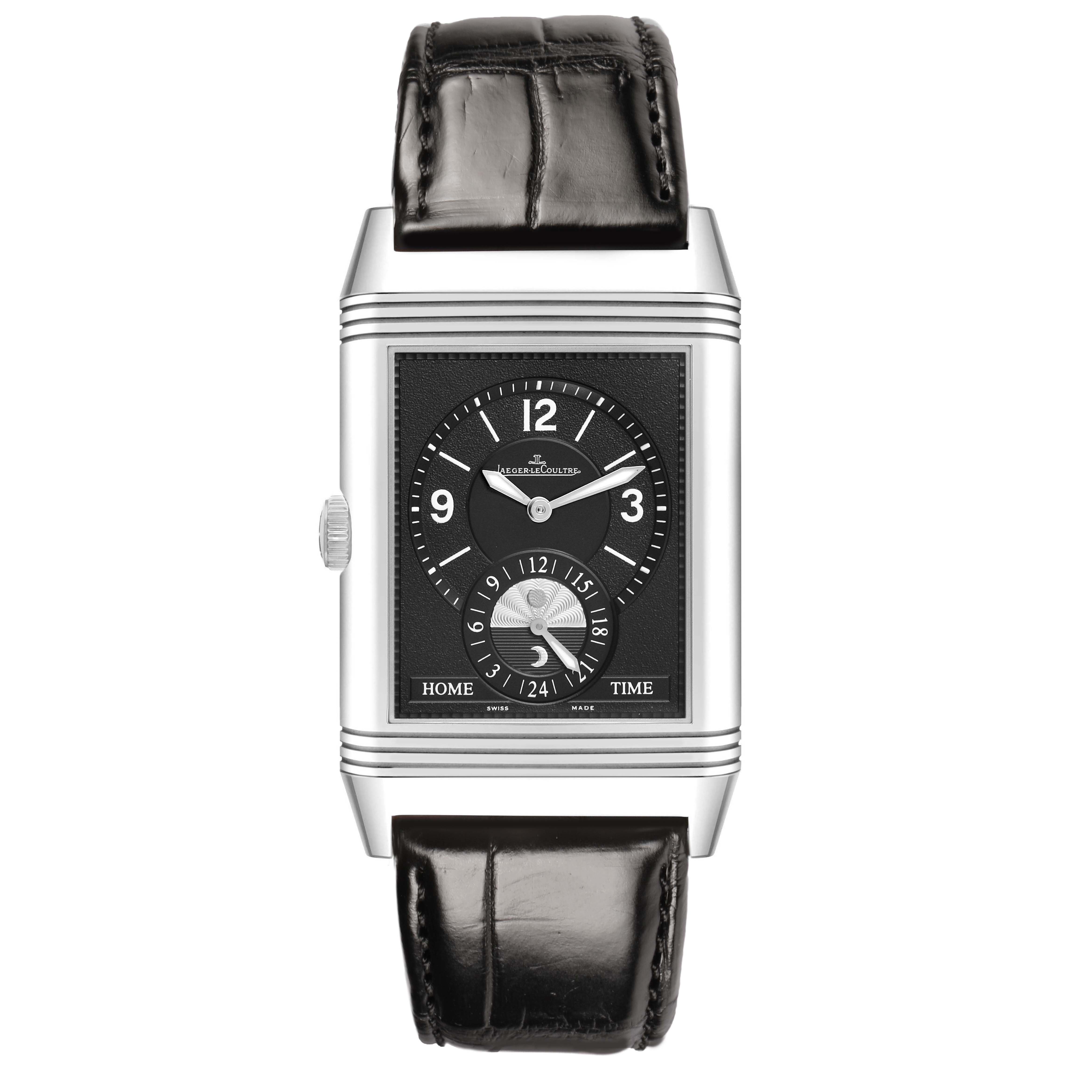 The Jaeger-LeCoultre Reverso watch is shown from the front, displaying its dial, case, and leather strap.