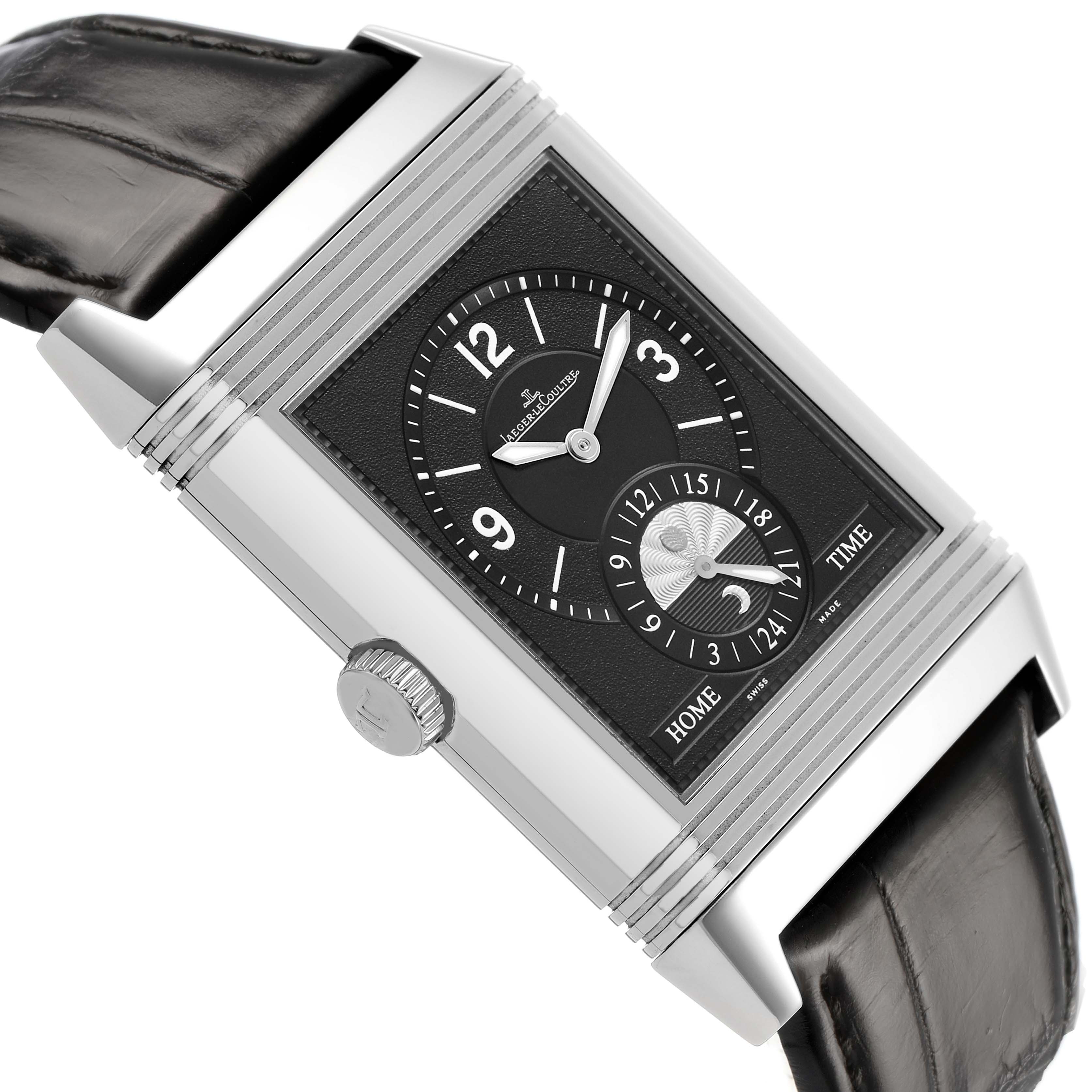 The Jaeger-LeCoultre Reverso watch is shown from an angled side view, highlighting the face, crown, and leather strap.