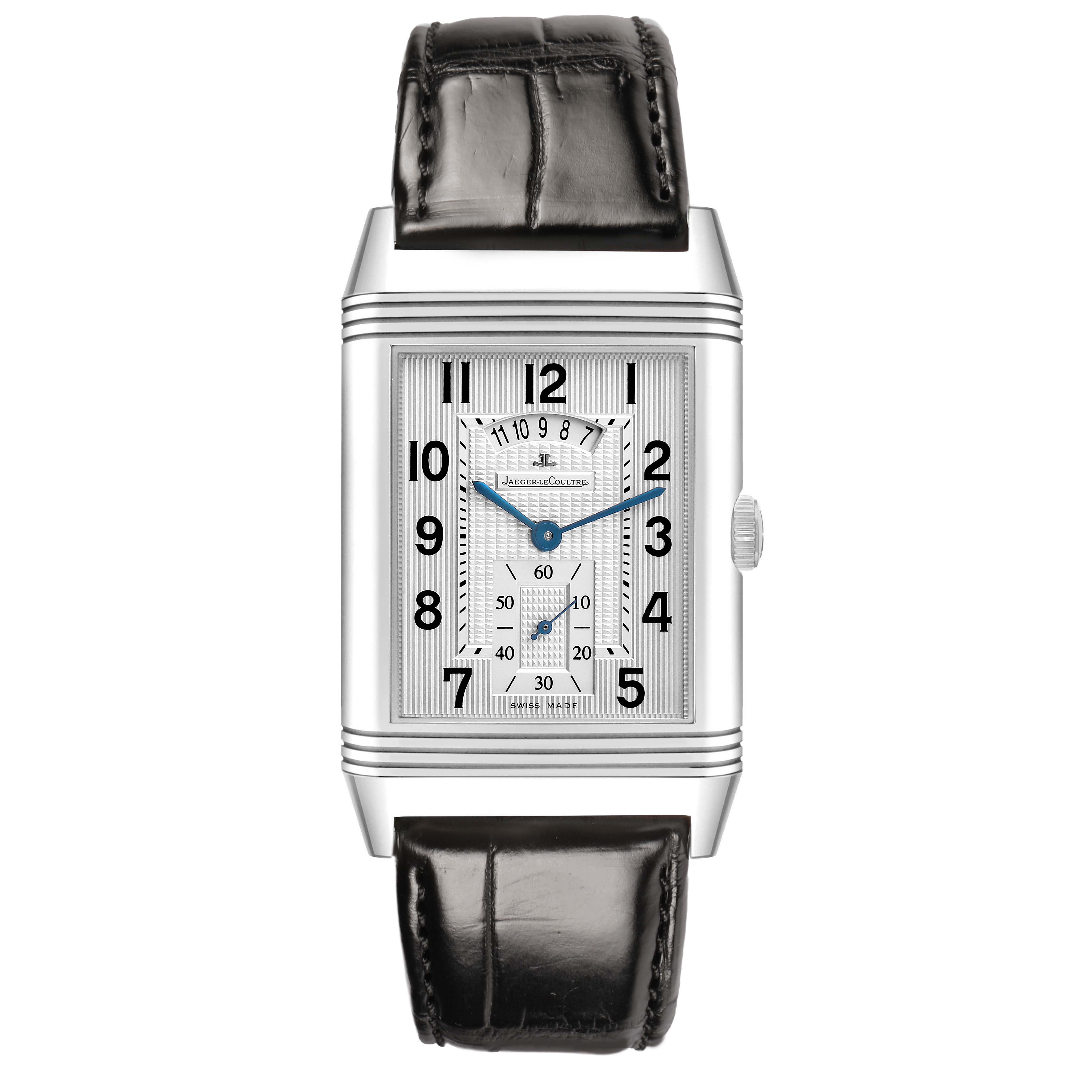 The image shows a Jaeger LeCoultre Reverso Q3748420 Men's Stainless Steel Silver Dial watch from a front view, highlighting the case, dial, hands, and leather strap.