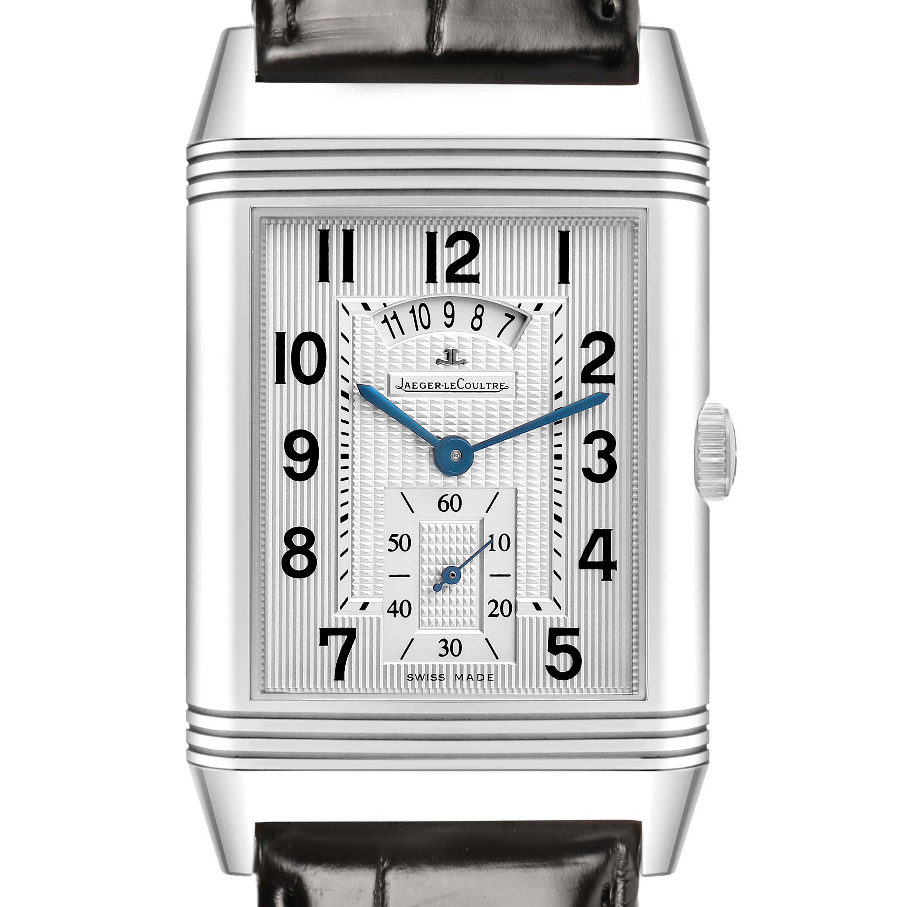 The Jaeger LeCoultre Reverso Q3748420 Men's Stainless Steel Silver Dial watch is shown from the front, highlighting the dial, numerals, hands, and crown.