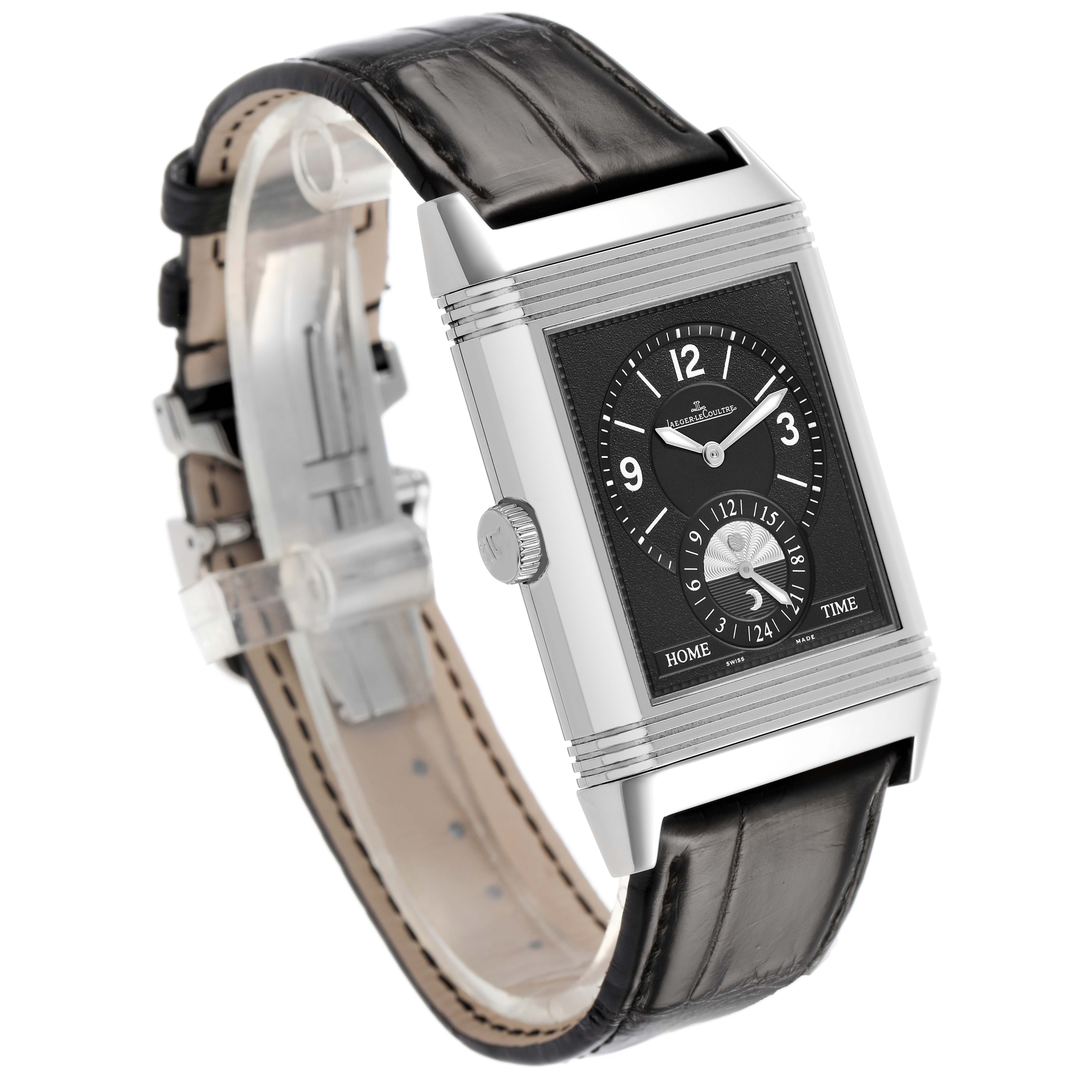 The Jaeger-LeCoultre Reverso watch is shown at a three-quarter angle, highlighting its rectangular face and leather strap.