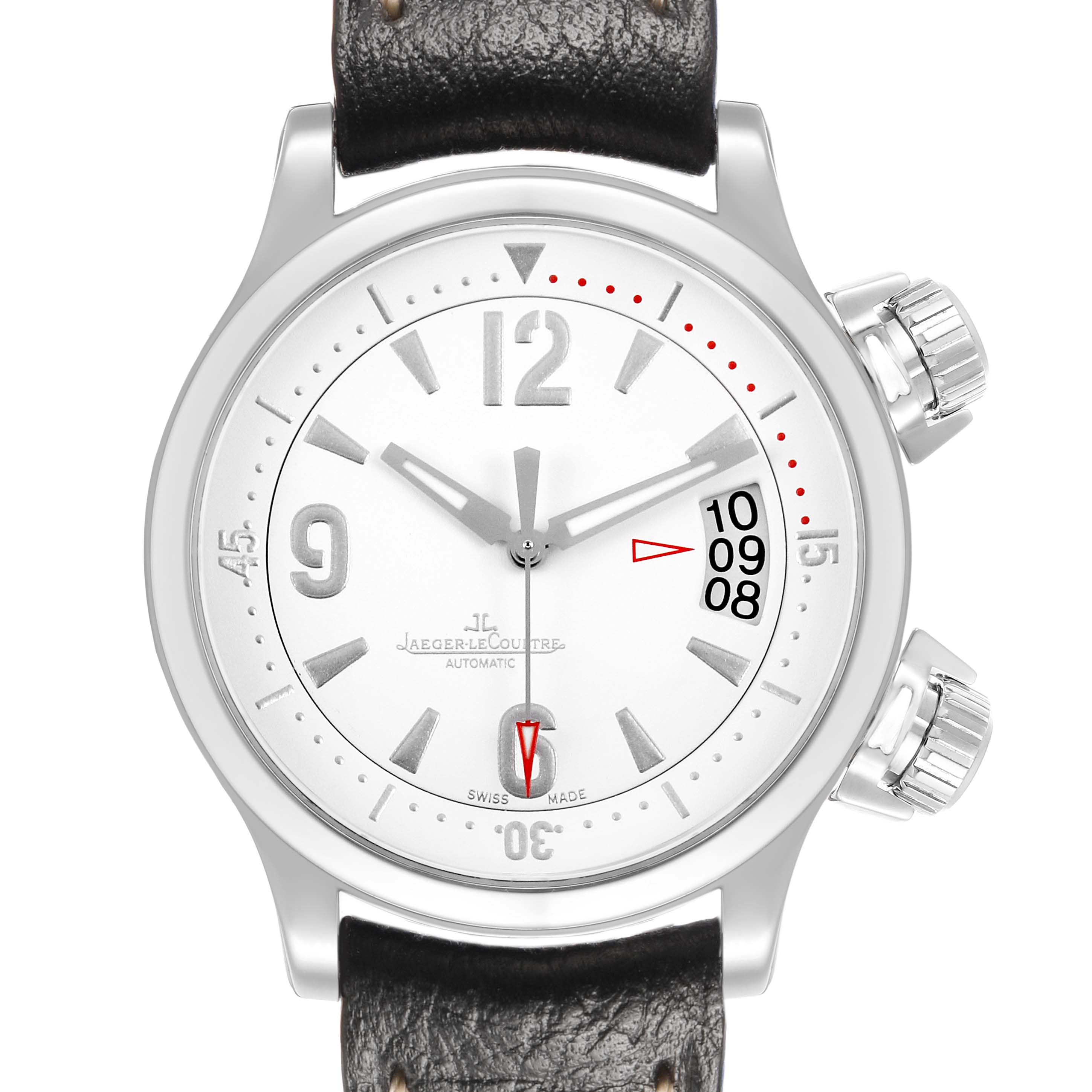 The Jaeger LeCoultre Master Q1728420 Women's Stainless Steel White Dial model watch is shown from a top view, displaying the full dial, case, leather strap, and crown.