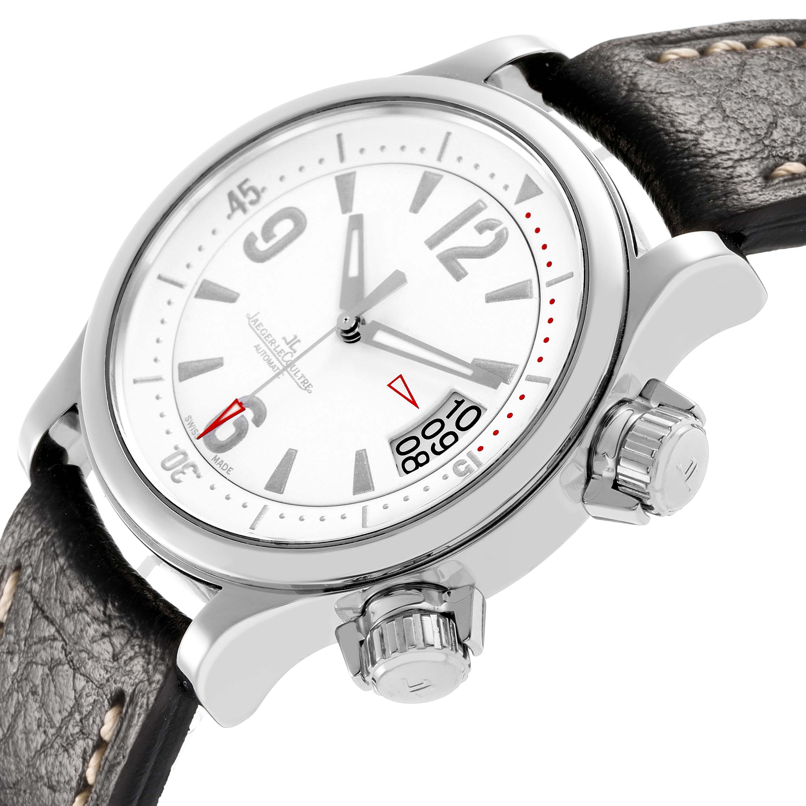 The Jaeger LeCoultre Master Q1728420 Women's Stainless Steel White Dial watch is shown at a tilted angle highlighting the dial, crown, pushers, and leather strap.
