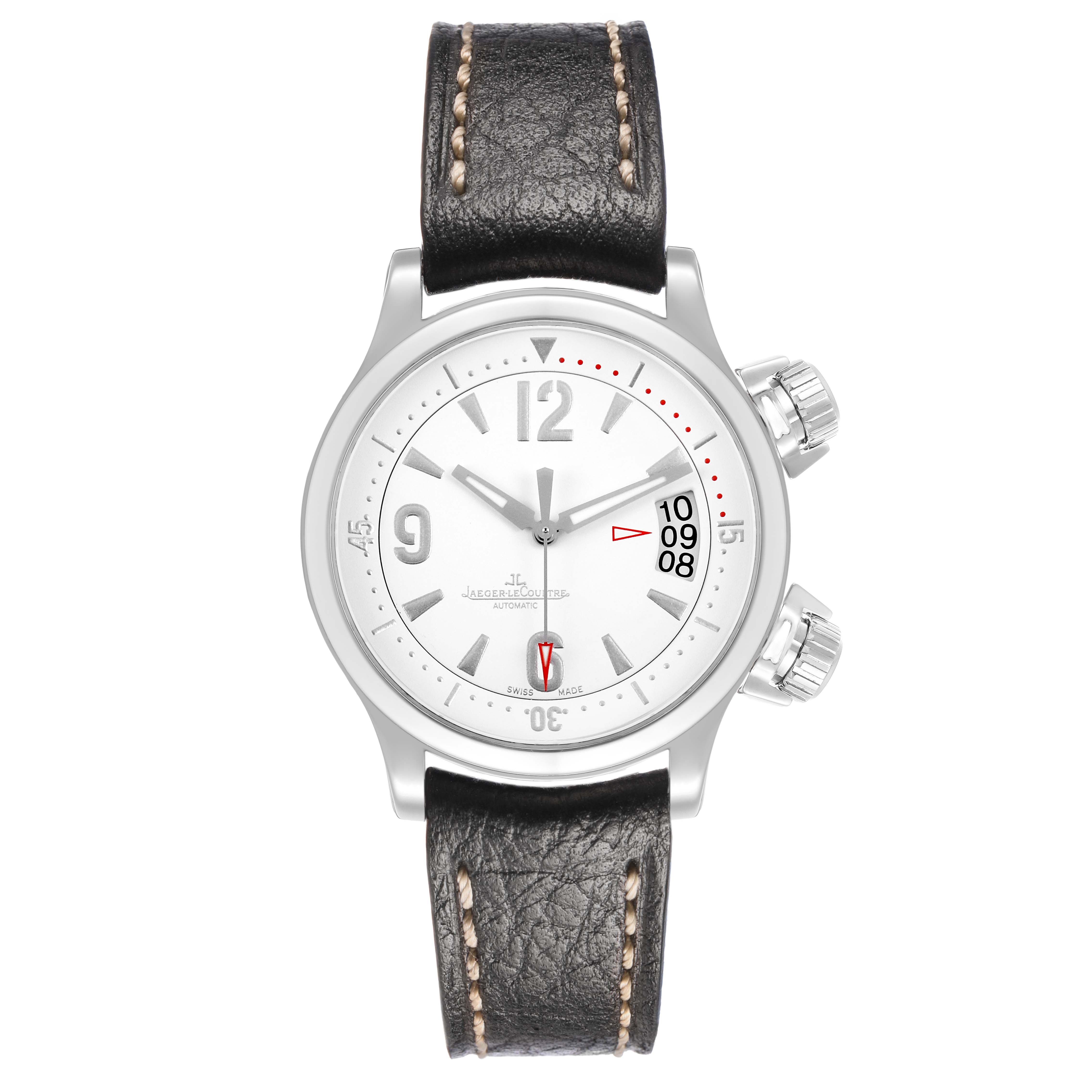 The Jaeger-LeCoultre Master watch is shown from a top-down angle, displaying the face, hands, date window, case, and leather strap.
