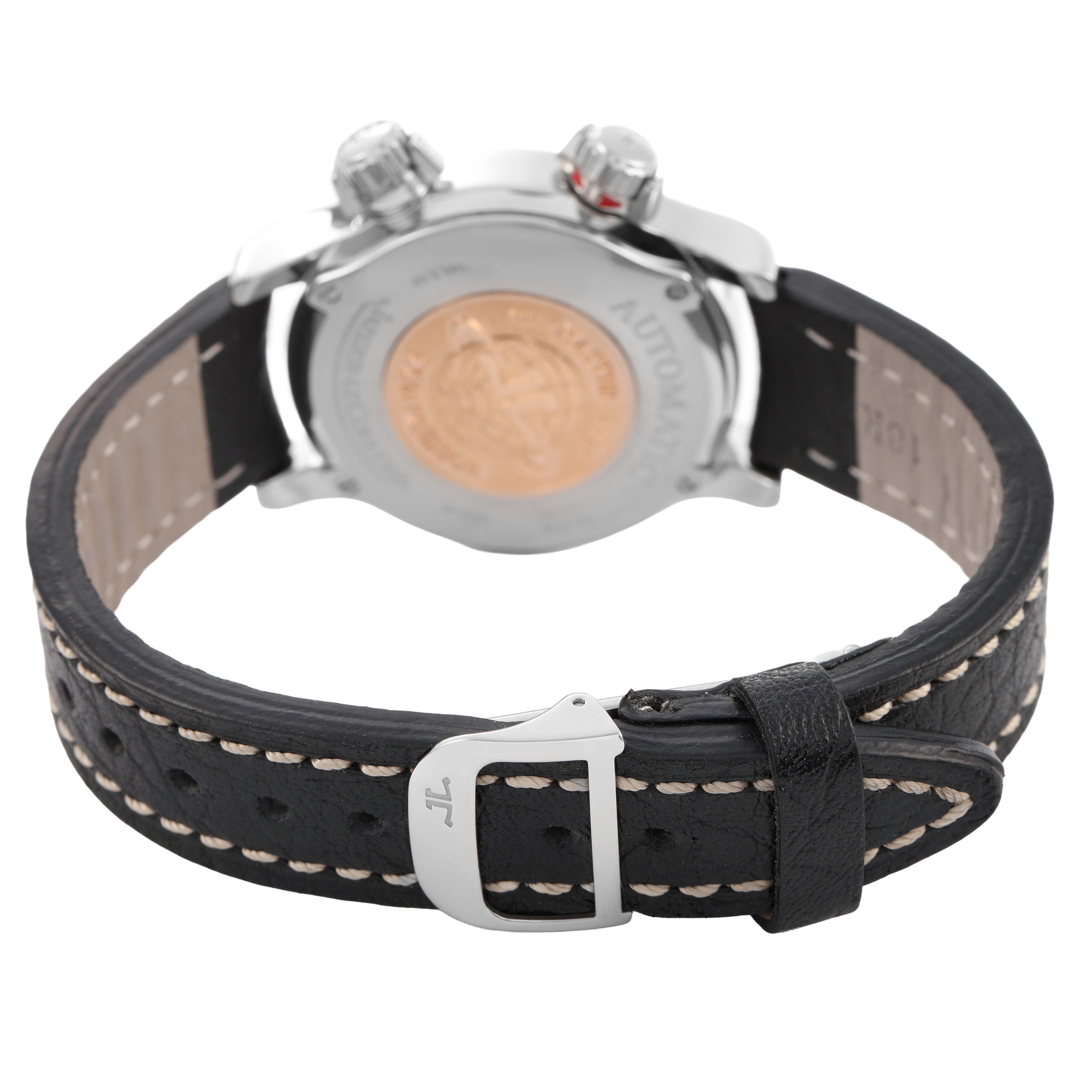 The image shows the Jaeger LeCoultre Master Q1728420 Women's Stainless Steel White Dial model from the back, highlighting the case back and leather strap with stitching.