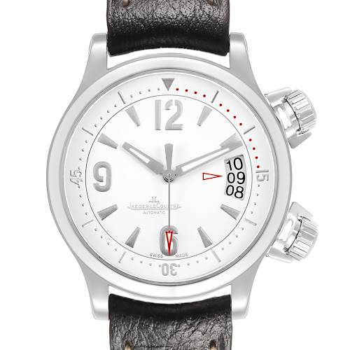 The Jaeger-LeCoultre Master watch is shown from a top view, highlighting the dial, case, leather strap, and side crowns.