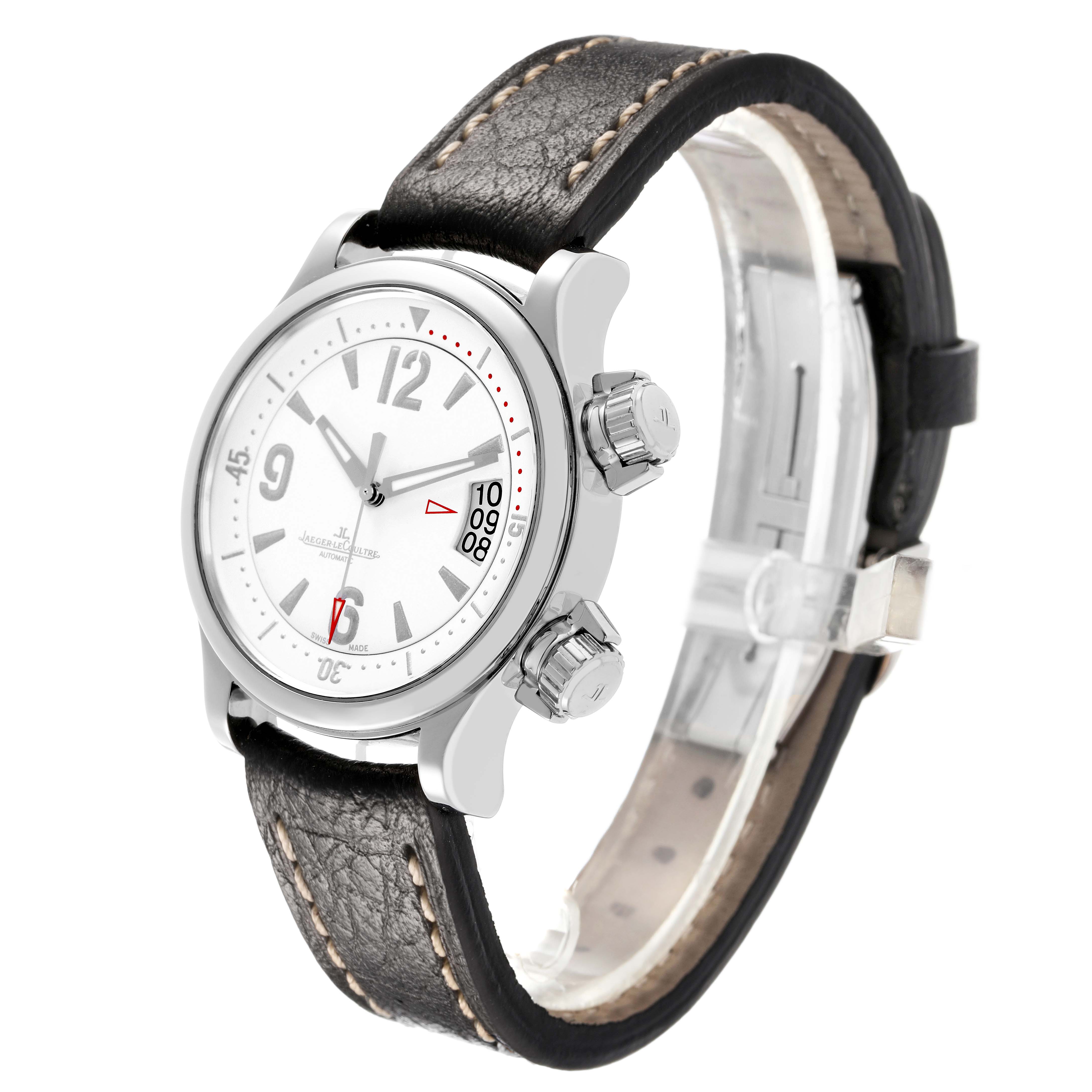 The Jaeger-LeCoultre Master watch is shown at a three-quarter angle, highlighting the dial, crown, and leather strap.