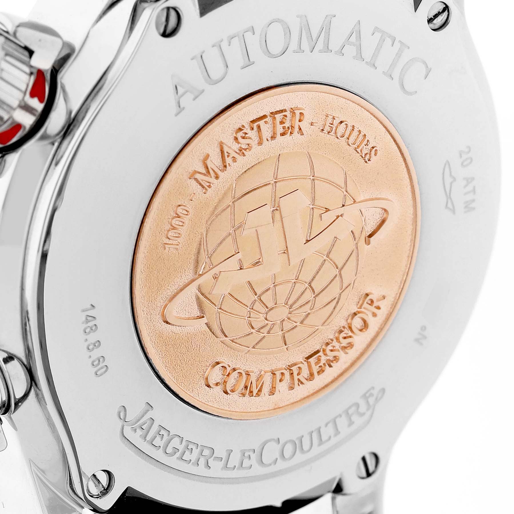 The image shows the back of a Jaeger-LeCoultre Master model watch, highlighting its engraved caseback and branding details.