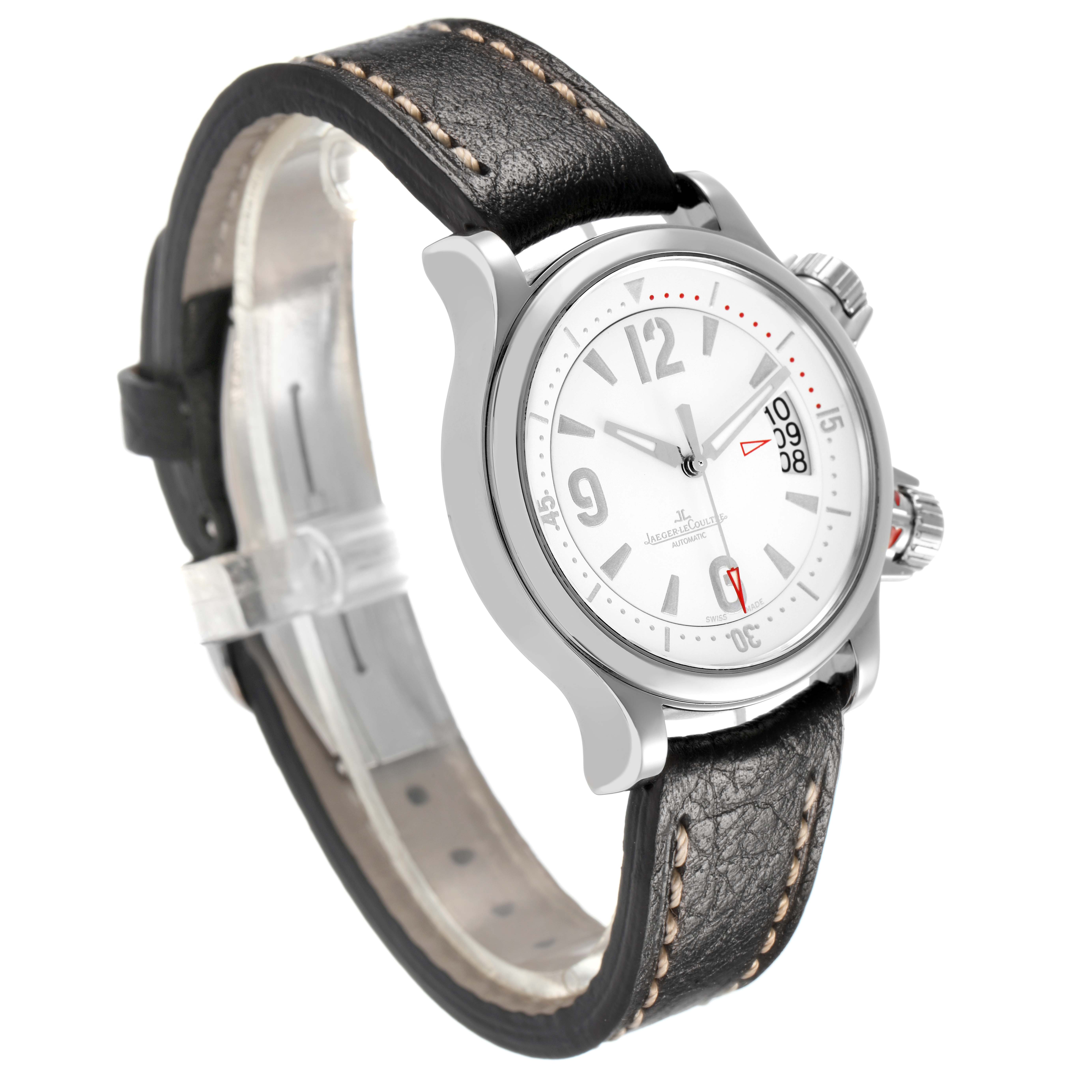 The Jaeger LeCoultre Master Q1728420 Women's Stainless Steel White Dial model is shown at a three-quarter angle, highlighting the case, dial, and leather strap.