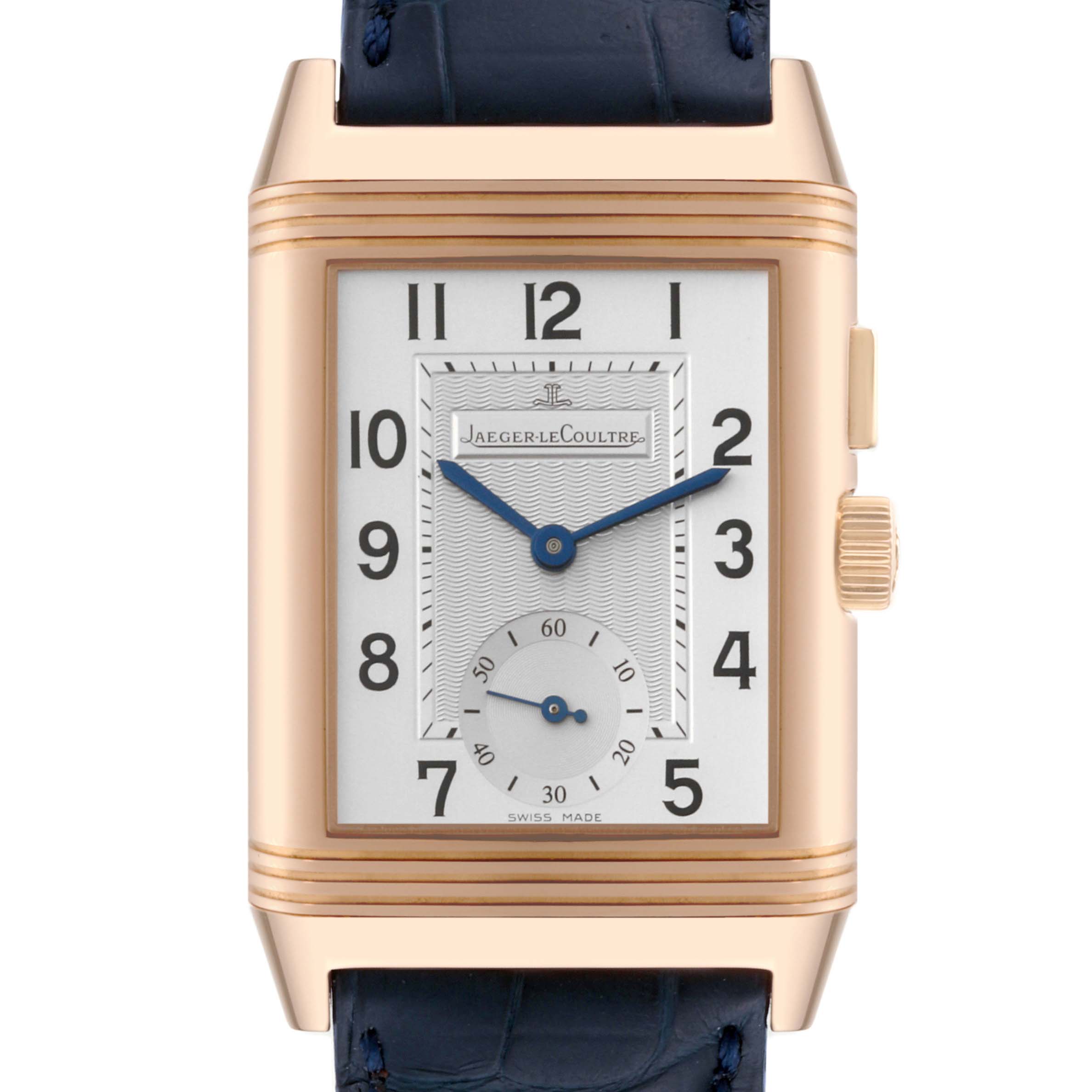 This image shows a frontal view of a Jaeger LeCoultre Reverso Q2712411 Men's Rose Gold Silver Dial Q2712411 Men's Rose Gold Silver Dial watch, highlighting the rectangular case, dial, and crown.