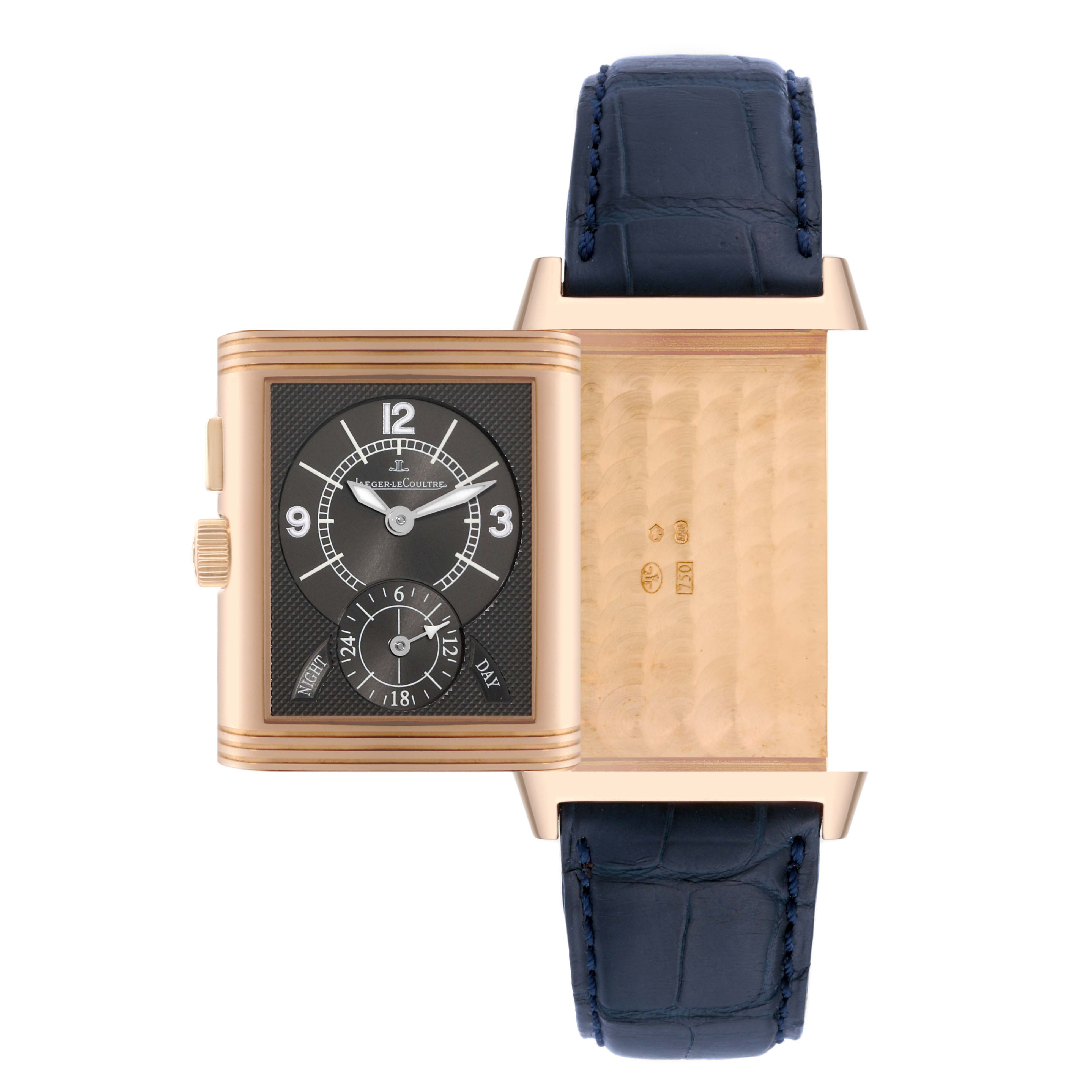 The image shows a Jaeger LeCoultre Reverso Q2712411 Men's Rose Gold Silver Dial Q2712411 Men's Rose Gold Silver Dial watch displaying both the front dial and the back engraving, with two blue leather straps.