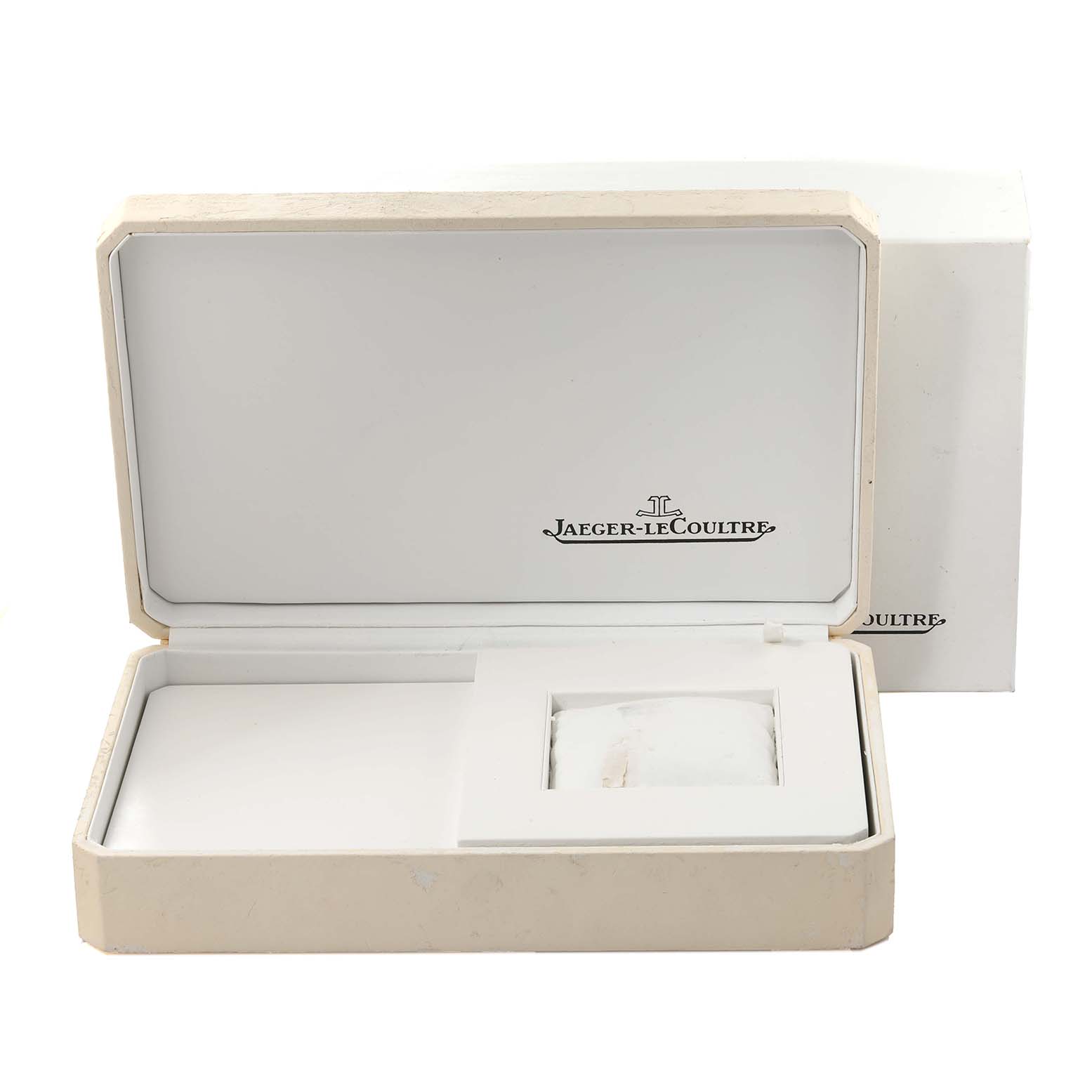 The image shows an open empty box for a Jaeger-LeCoultre Reverso watch, viewed from the top.