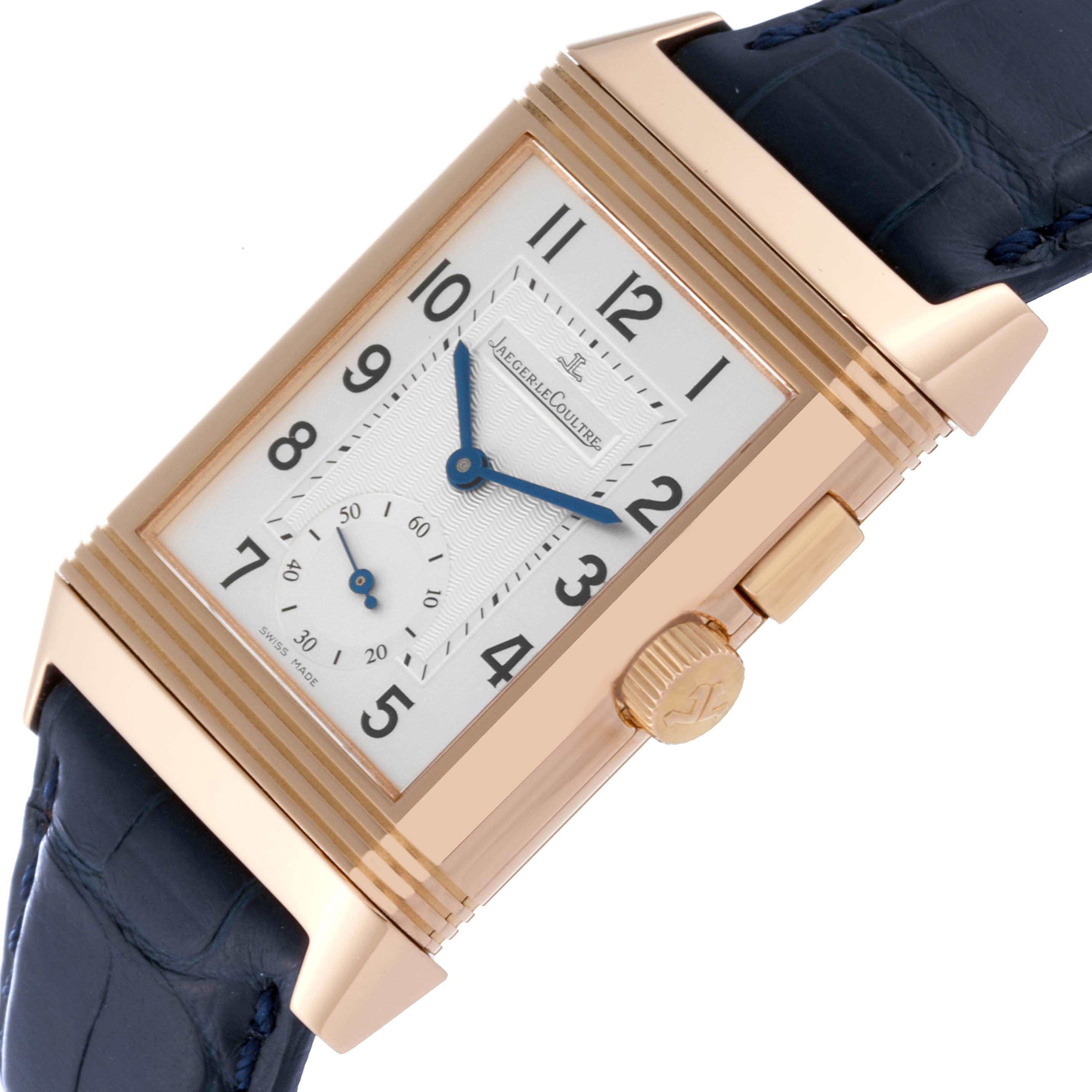 This image shows a side angle of the Jaeger-LeCoultre Reverso watch, highlighting its crown, dial, and leather strap.