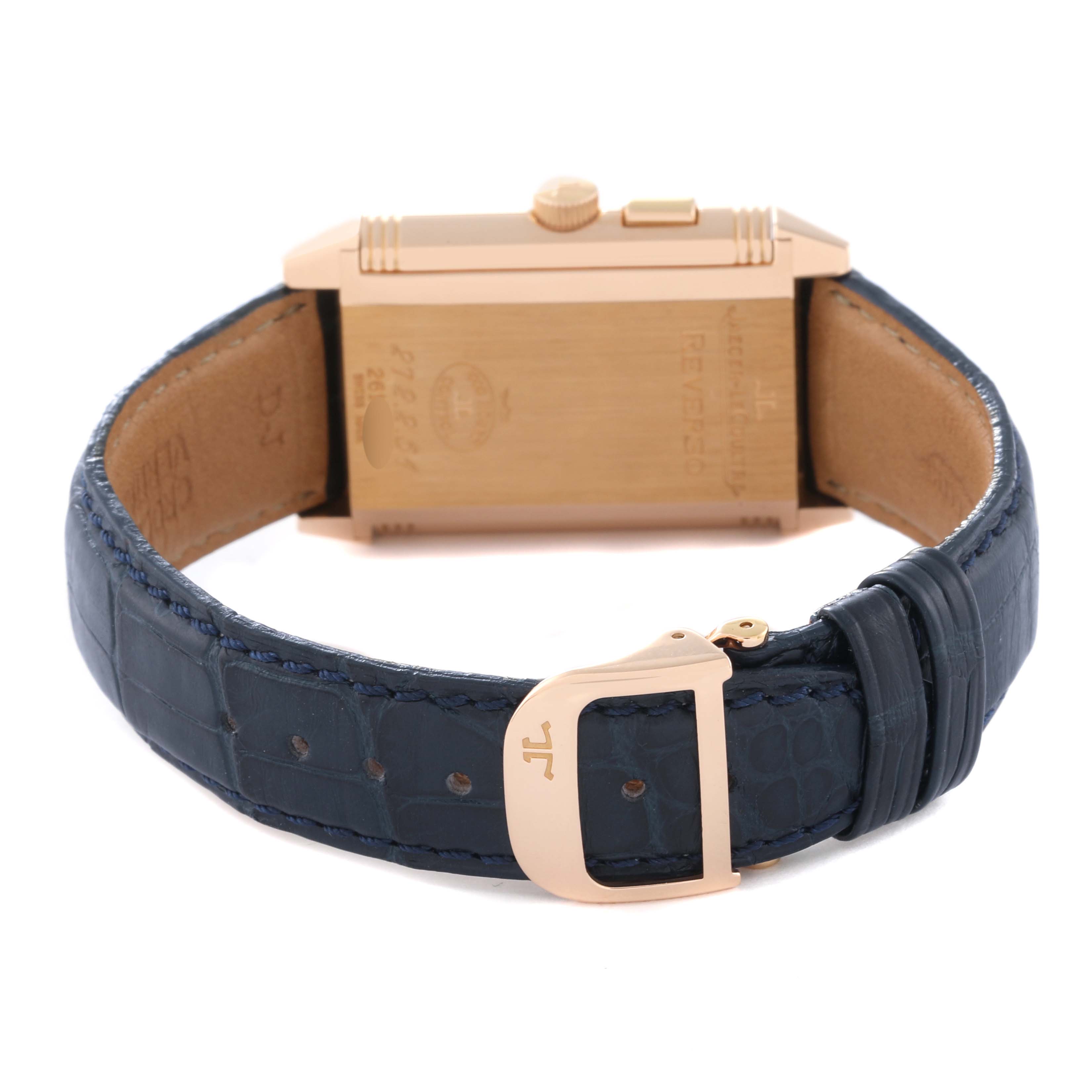 This image shows the back and clasp of a Jaeger LeCoultre Reverso Q2712411 Men's Rose Gold Silver Dial Q2712411 Men's Rose Gold Silver Dial watch with a blue leather strap and gold-tone case.