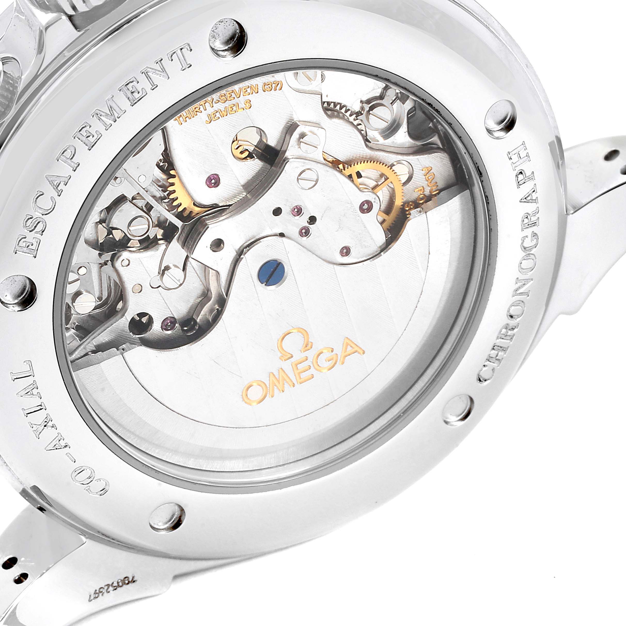 The image shows the back view of an Omega De Ville 4841.31.32 Men's Stainless Steel Silver Dial 4841.31.32 Men's Stainless Steel Silver Dial watch, highlighting its internal movement and transparent case back.