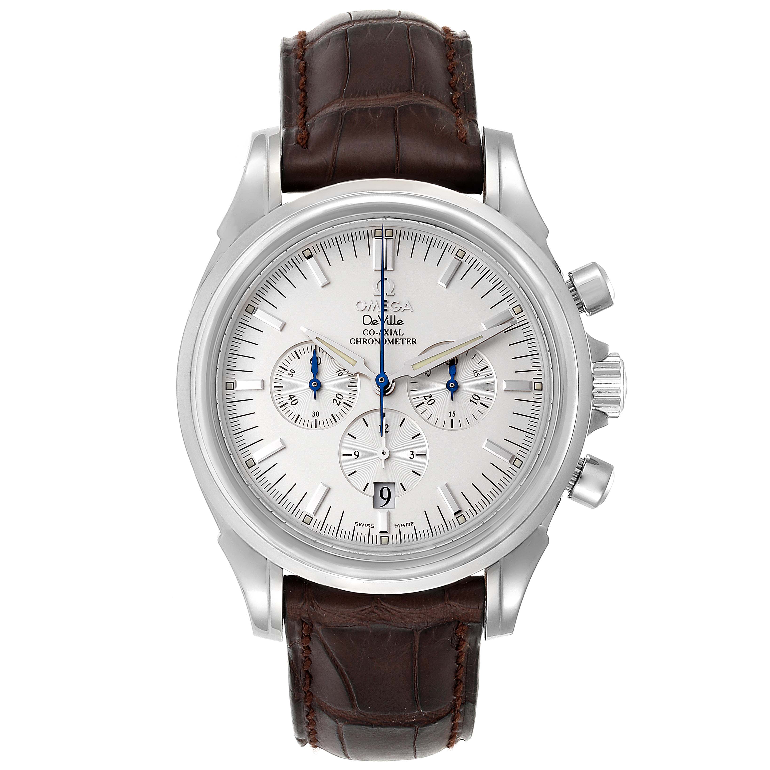 The image shows a frontal view of an Omega De Ville 4841.31.32 Men's Stainless Steel Silver Dial 4841.31.32 Men's Stainless Steel Silver Dial watch with a brown leather strap and a silver dial with three subdials.
