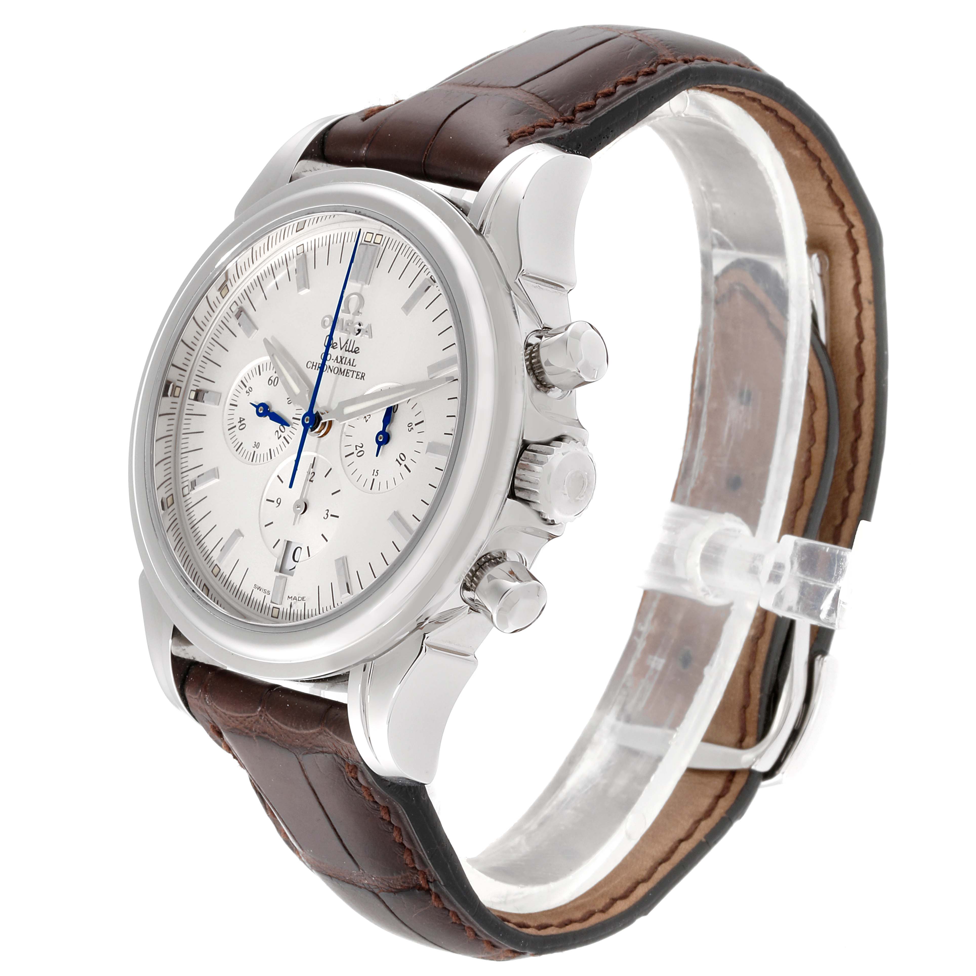 The image shows a side-angle view of an Omega De Ville 4841.31.32 Men's Stainless Steel Silver Dial 4841.31.32 Men's Stainless Steel Silver Dial watch, highlighting the silver case, chronograph pushers, and brown leather strap.
