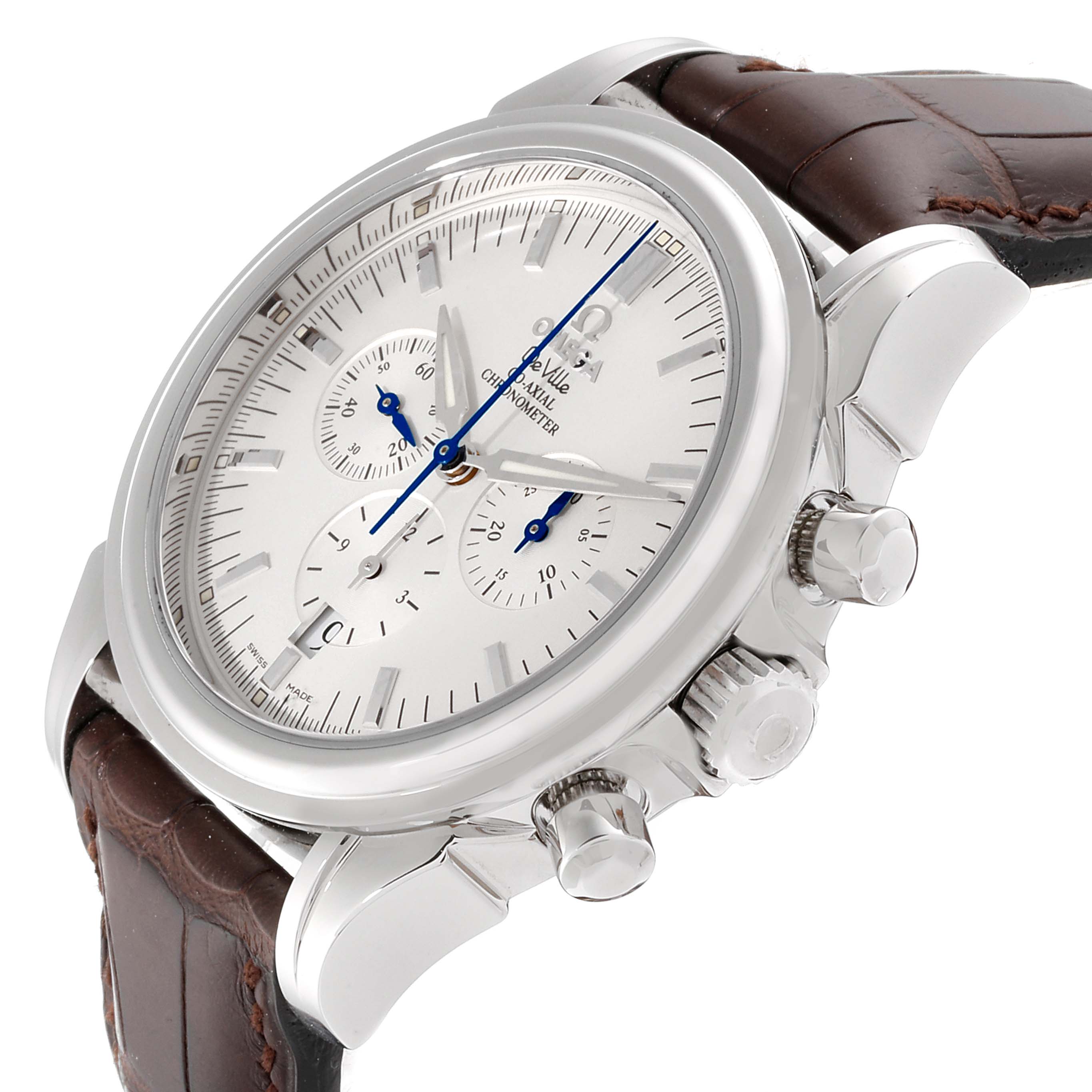 This image shows an angled side view of the Omega De Ville 4841.31.32 Men's Stainless Steel Silver Dial 4841.31.32 Men's Stainless Steel Silver Dial watch, featuring the face, crown, pushers, and leather strap.