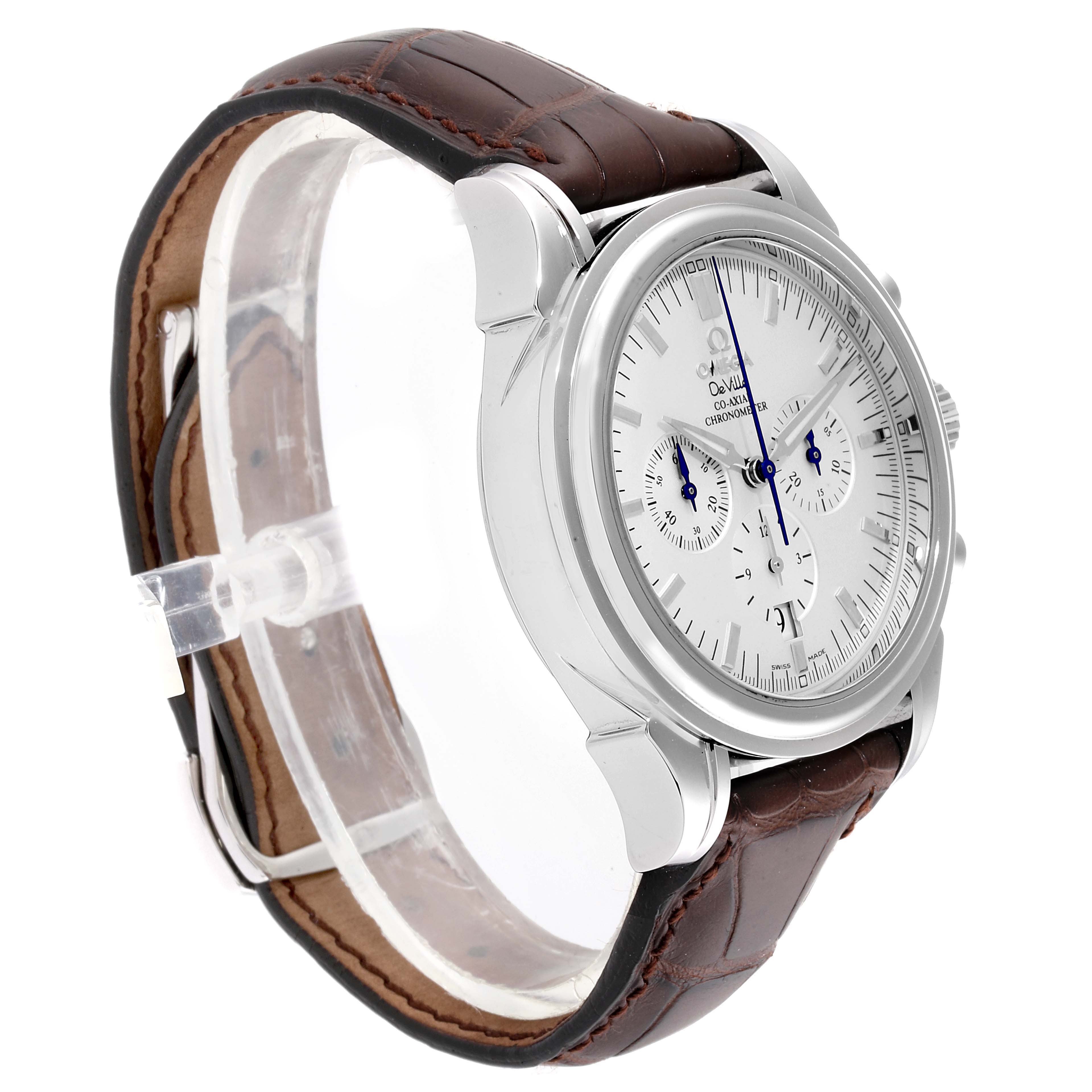The image shows an angled view of an Omega De Ville 4841.31.32 Men's Stainless Steel Silver Dial 4841.31.32 Men's Stainless Steel Silver Dial watch, highlighting its silver dial, chronograph features, and brown leather strap.