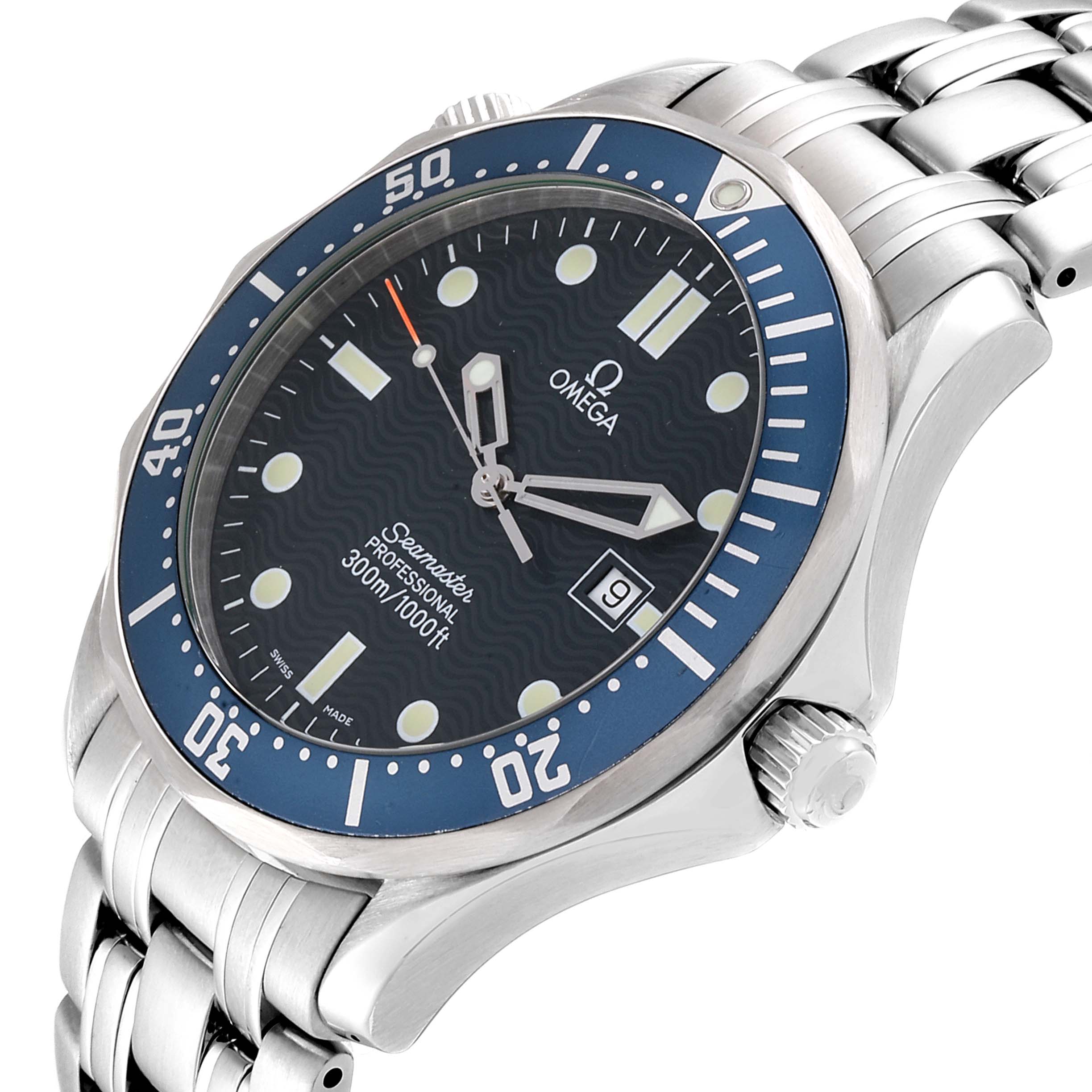 The Omega Seamaster 2541.80.00 Men
s Stainless Steel Blue Dial 2541.80.00 Men
s Stainless Steel Blue Dial watch is shown at an angle highlighting the face, bezel, and a portion of the metal bracelet.
