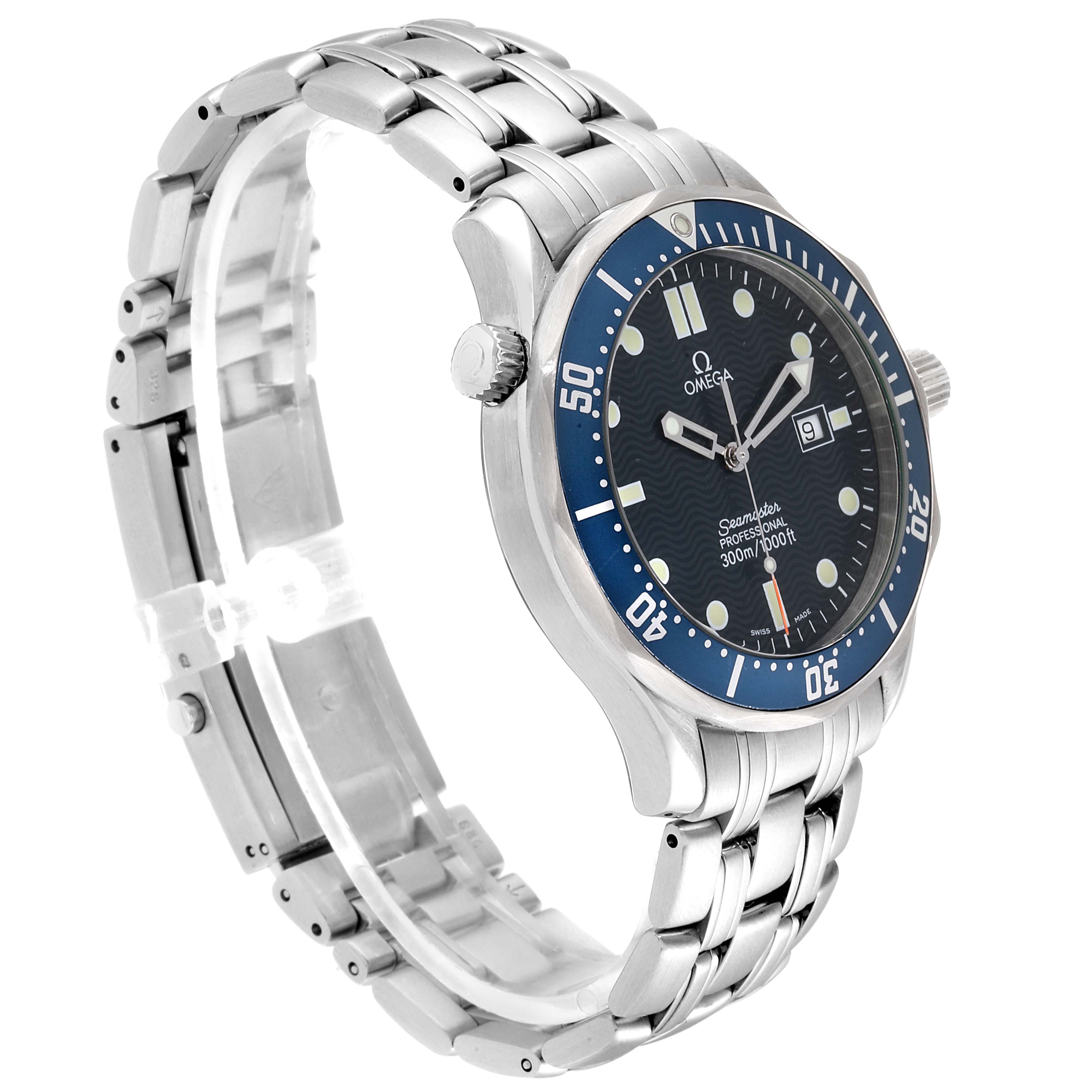 The image shows an angled view of the Omega Seamaster 2541.80.00 Men
s Stainless Steel Blue Dial 2541.80.00 Men
s Stainless Steel Blue Dial watch, displaying the dial, bezel, crown, and bracelet.