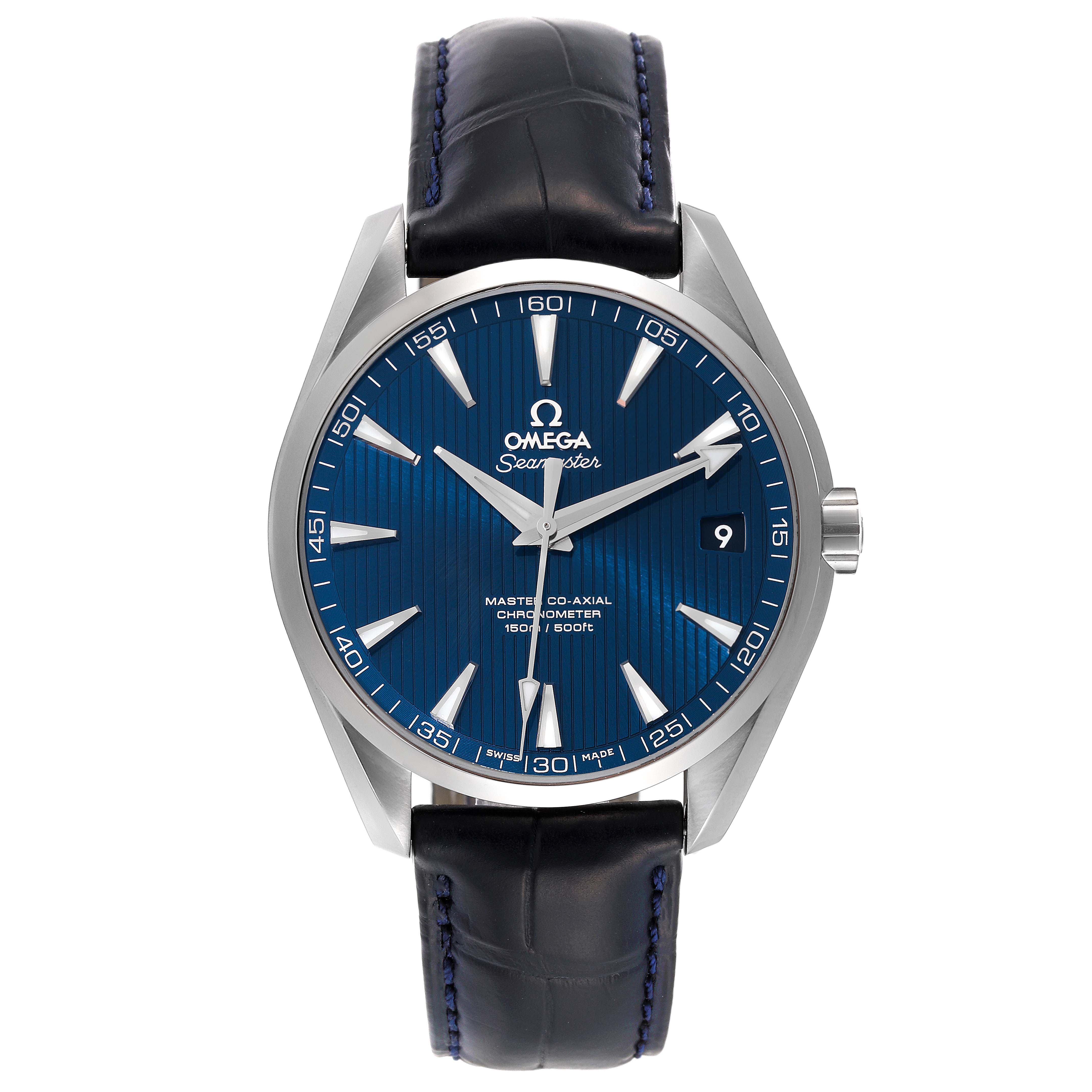 This image shows a front view of the Omega Aqua Terra 231.13.42.21.03.001 Men's Stainless Steel Blue Dial 231.13.42.21.03.001 Men's Stainless Steel Blue Dial watch, highlighting its blue dial, stainless steel case, and leather strap.