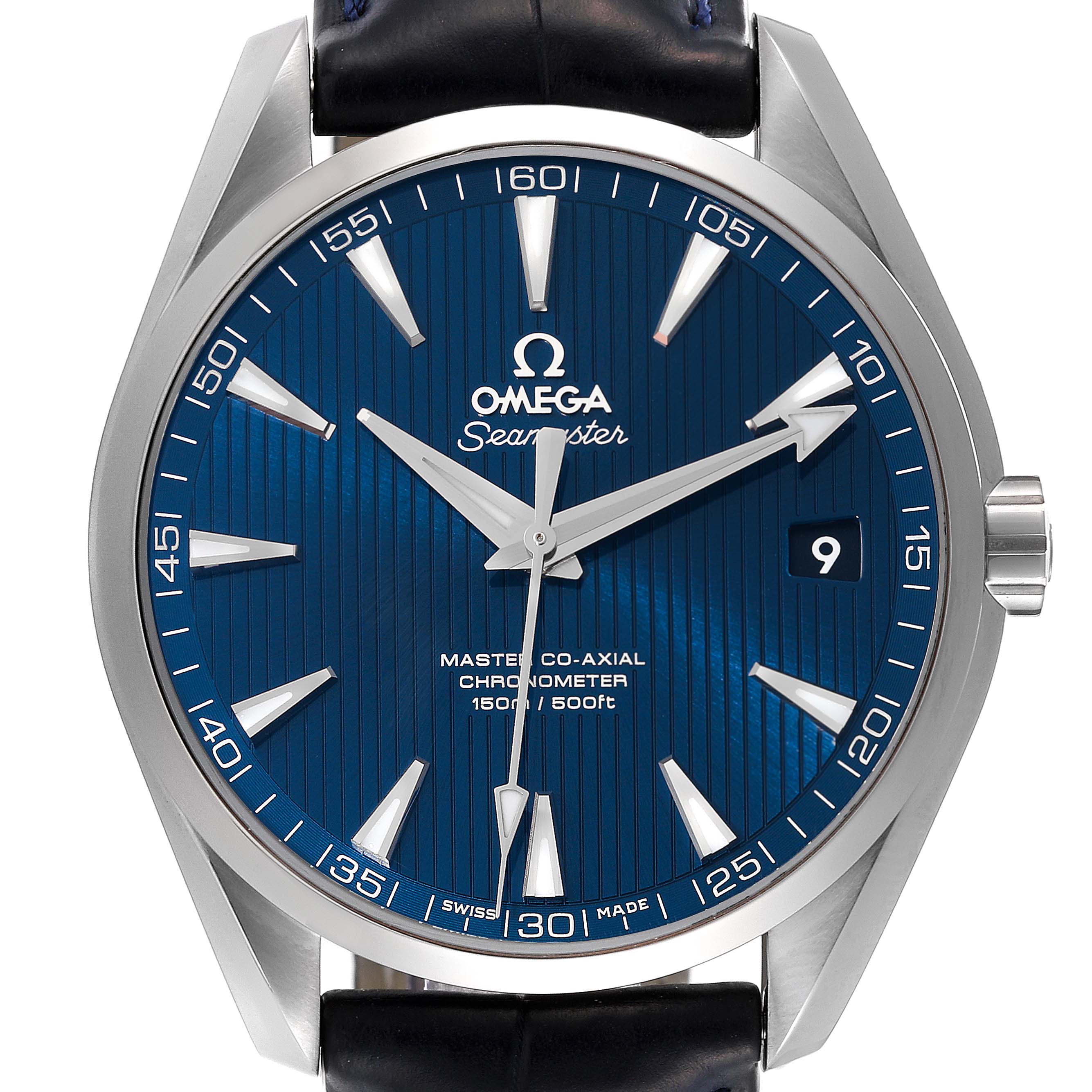 The image shows a front view of the Omega Aqua Terra 231.13.42.21.03.001 Men's Stainless Steel Blue Dial 231.13.42.21.03.001 Men's Stainless Steel Blue Dial watch, featuring its blue dial, silver indices, and strap attachment.