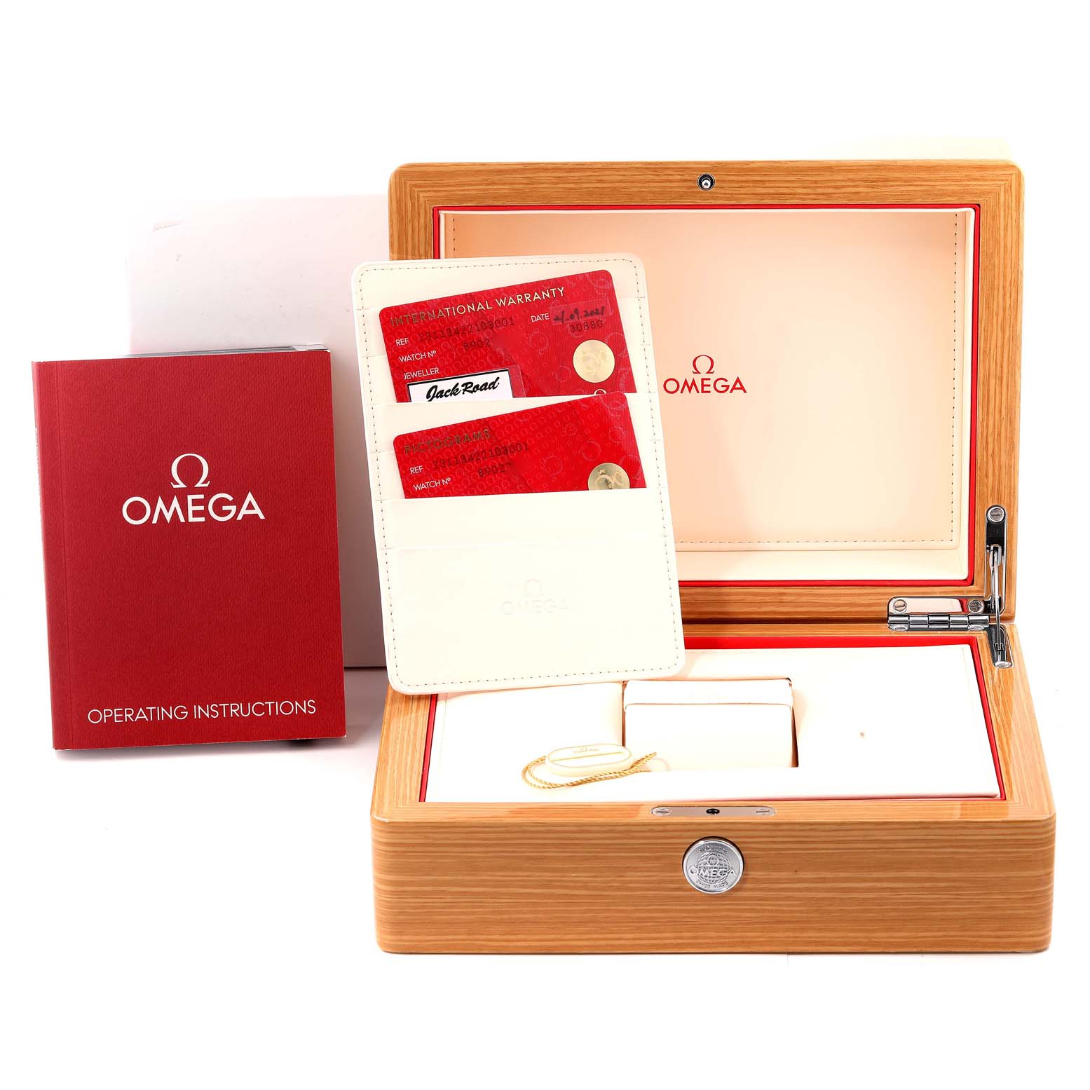 The image shows the packaging for an Omega Aqua Terra 231.13.42.21.03.001 Men's Stainless Steel Blue Dial 231.13.42.21.03.001 Men's Stainless Steel Blue Dial watch, including the instruction manual, warranty cards, and an opened wooden box.