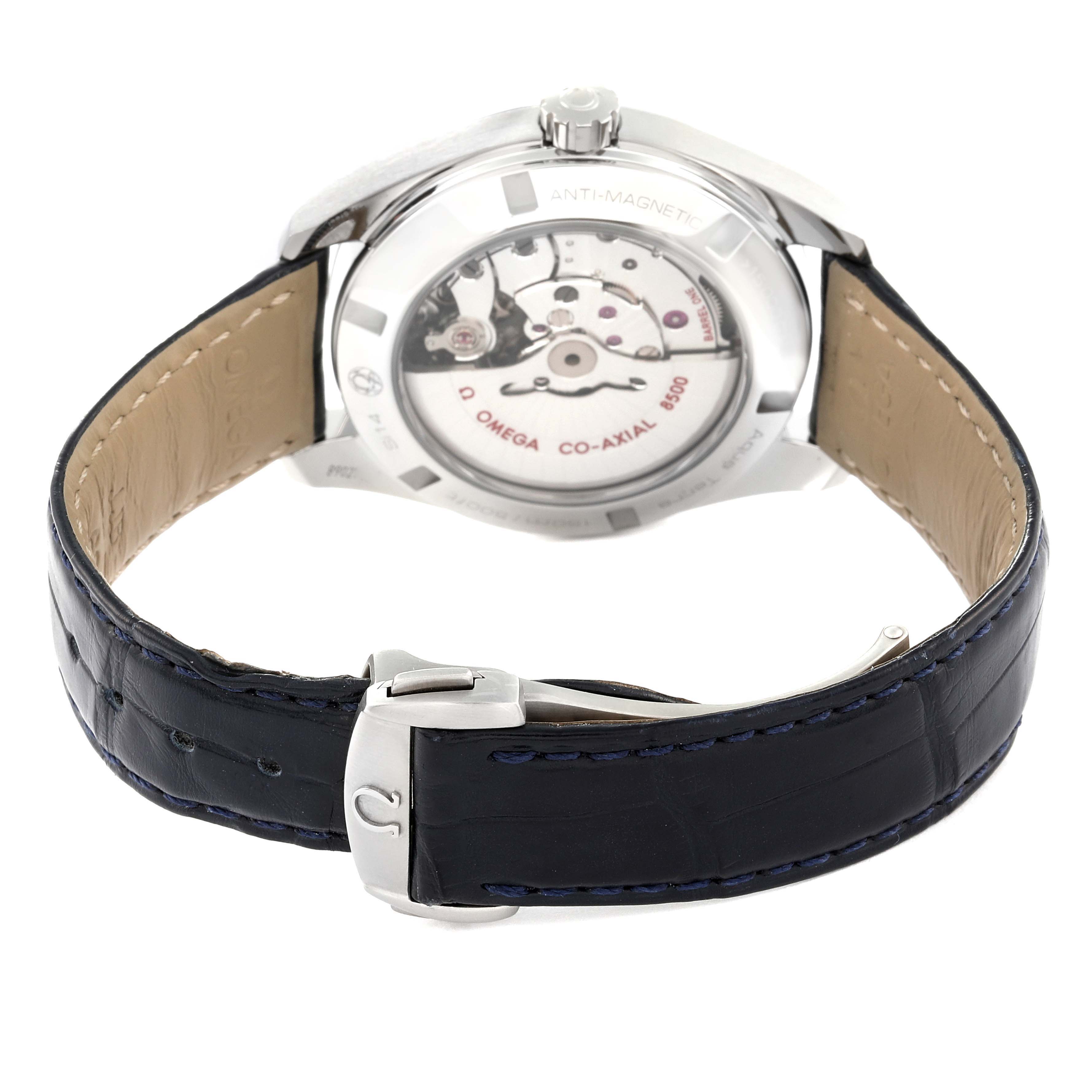 The image shows the back view of the Omega Aqua Terra 231.13.42.21.03.001 Men's Stainless Steel Blue Dial 231.13.42.21.03.001 Men's Stainless Steel Blue Dial watch, highlighting its mechanism and leather strap.