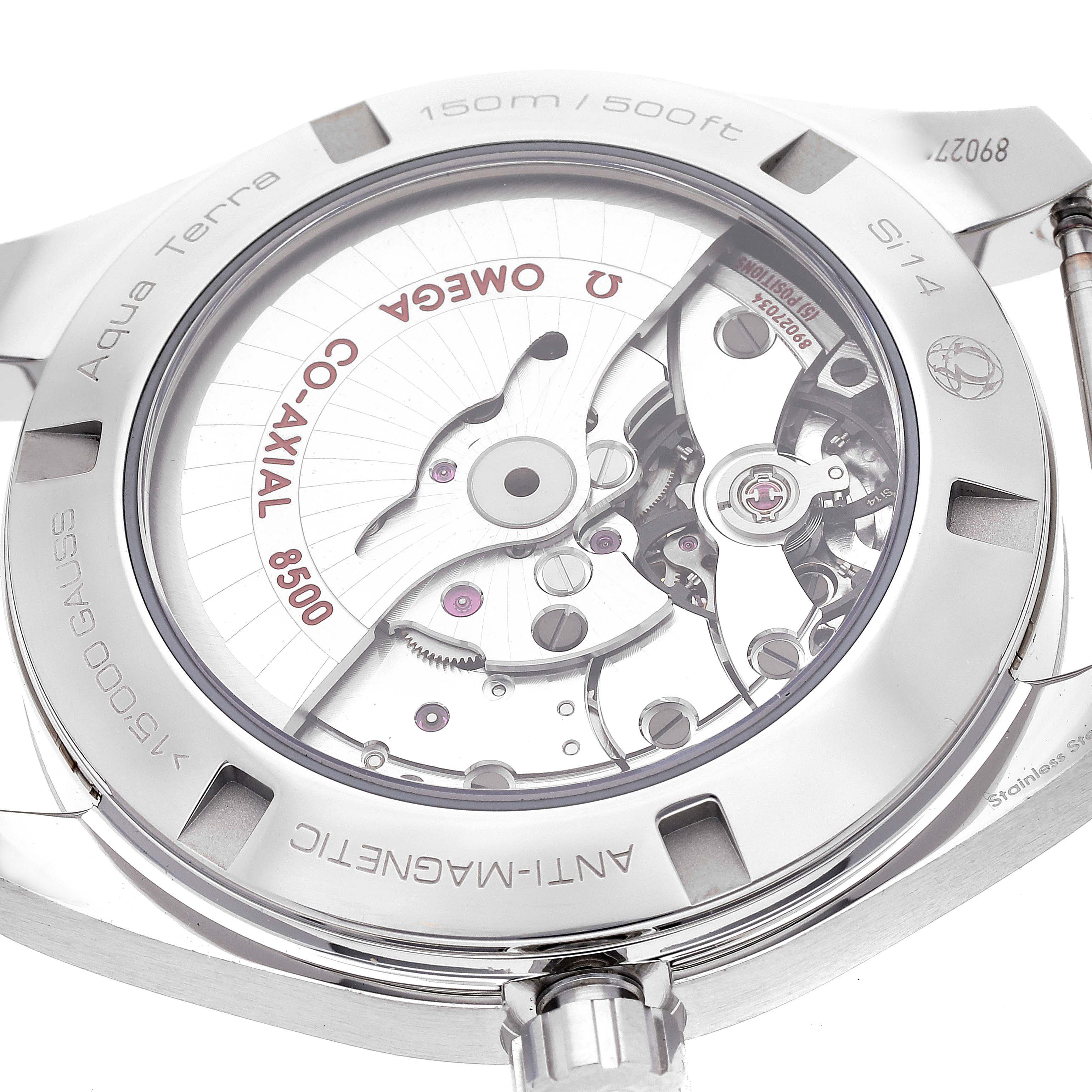 This image shows the back view of an Omega Aqua Terra 231.13.42.21.03.001 Men's Stainless Steel Blue Dial 231.13.42.21.03.001 Men's Stainless Steel Blue Dial watch, highlighting its intricate mechanical movement and branding.