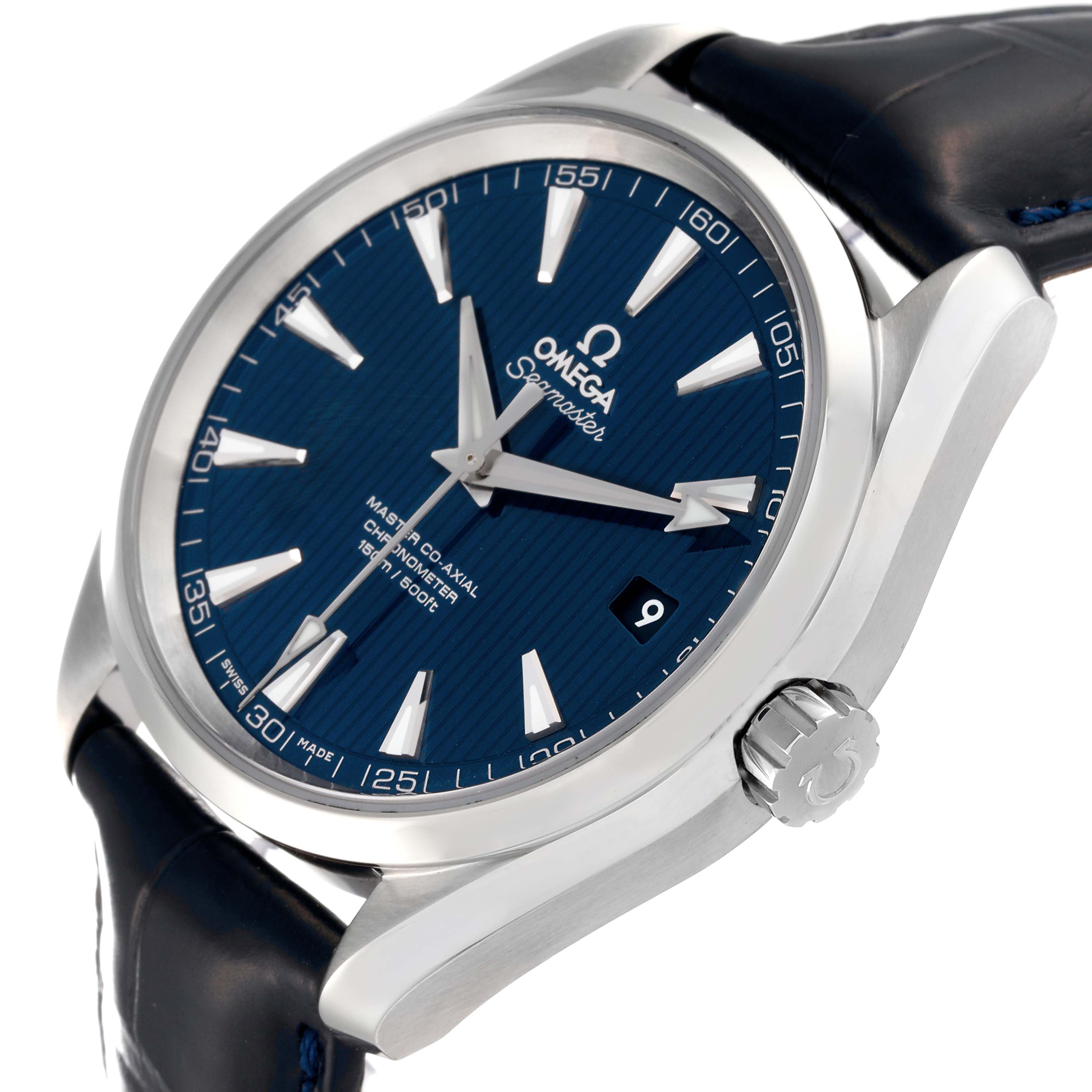 This image shows the Omega Aqua Terra 231.13.42.21.03.001 Men's Stainless Steel Blue Dial 231.13.42.21.03.001 Men's Stainless Steel Blue Dial watch from an angled view, showcasing the dial, bezel, crown, and part of the strap.