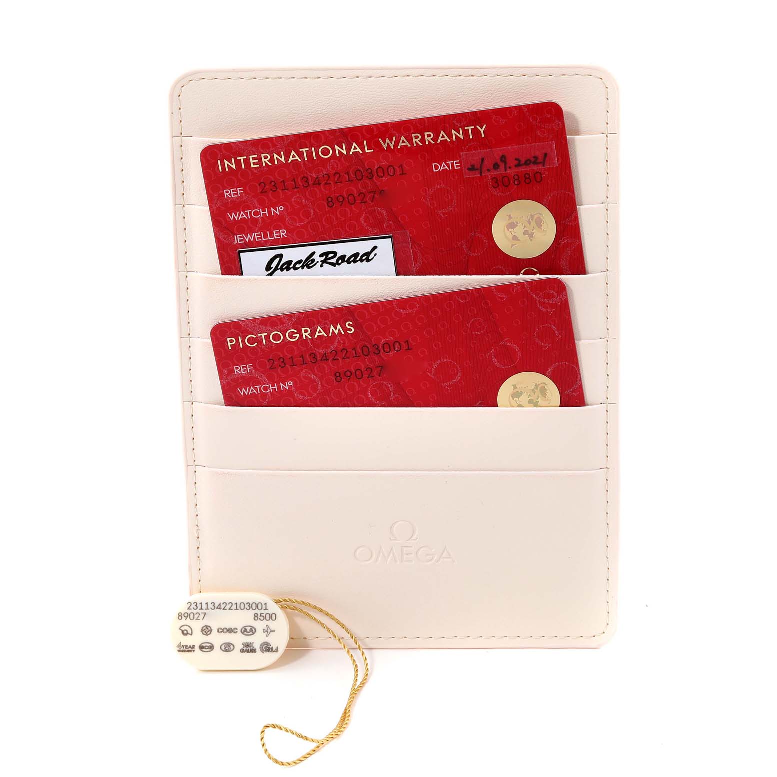 The image shows an international warranty card, pictograms card, and tag for the Omega Aqua Terra 231.13.42.21.03.001 Men's Stainless Steel Blue Dial 231.13.42.21.03.001 Men's Stainless Steel Blue Dial watch.