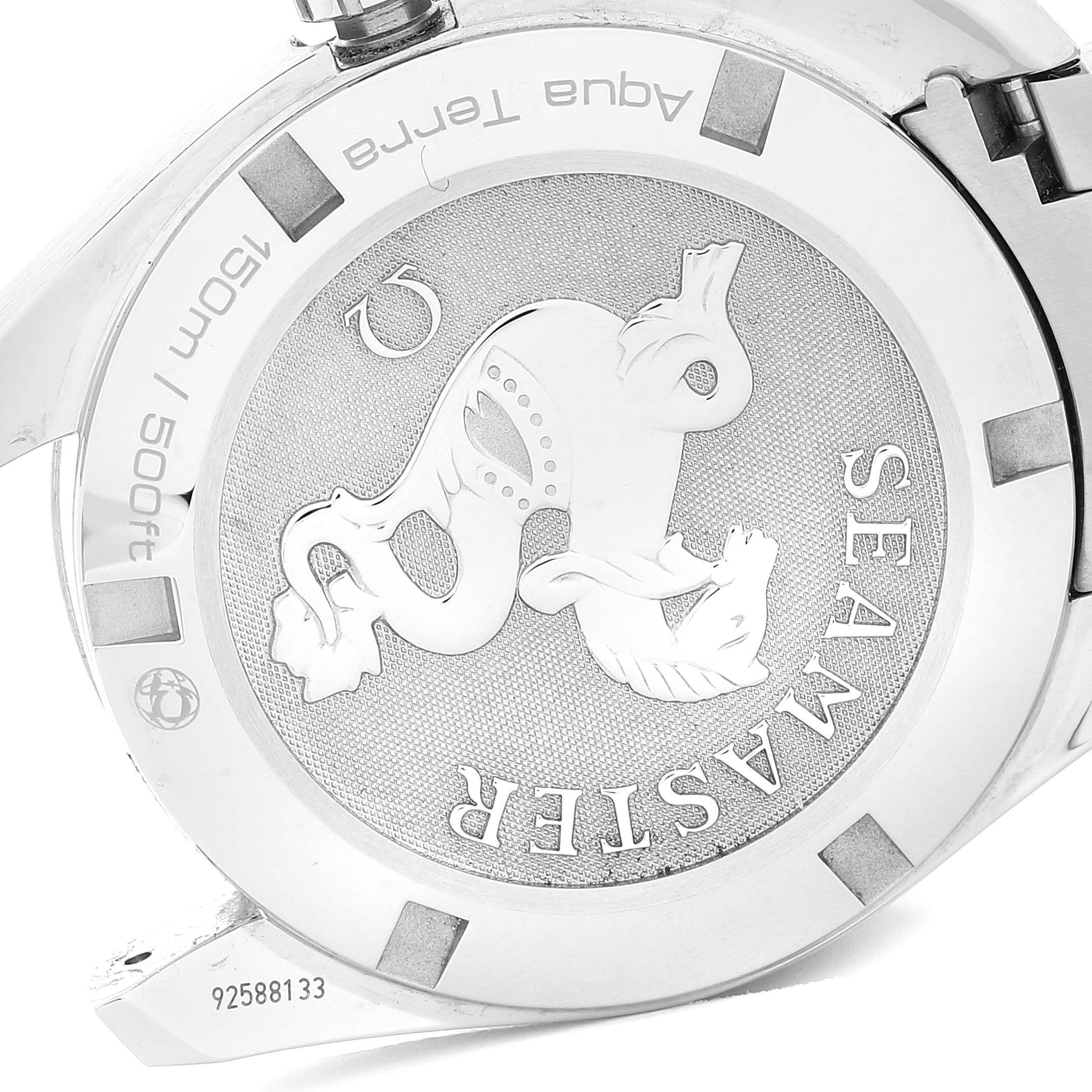 The image shows the case back of an Omega Seamaster 231.10.39.60.06.001 Men's Stainless Steel Grey Dial 231.10.39.60.06.001 Men's Stainless Steel Grey Dial Aqua Terra watch, highlighting its engraved logo and specifications.