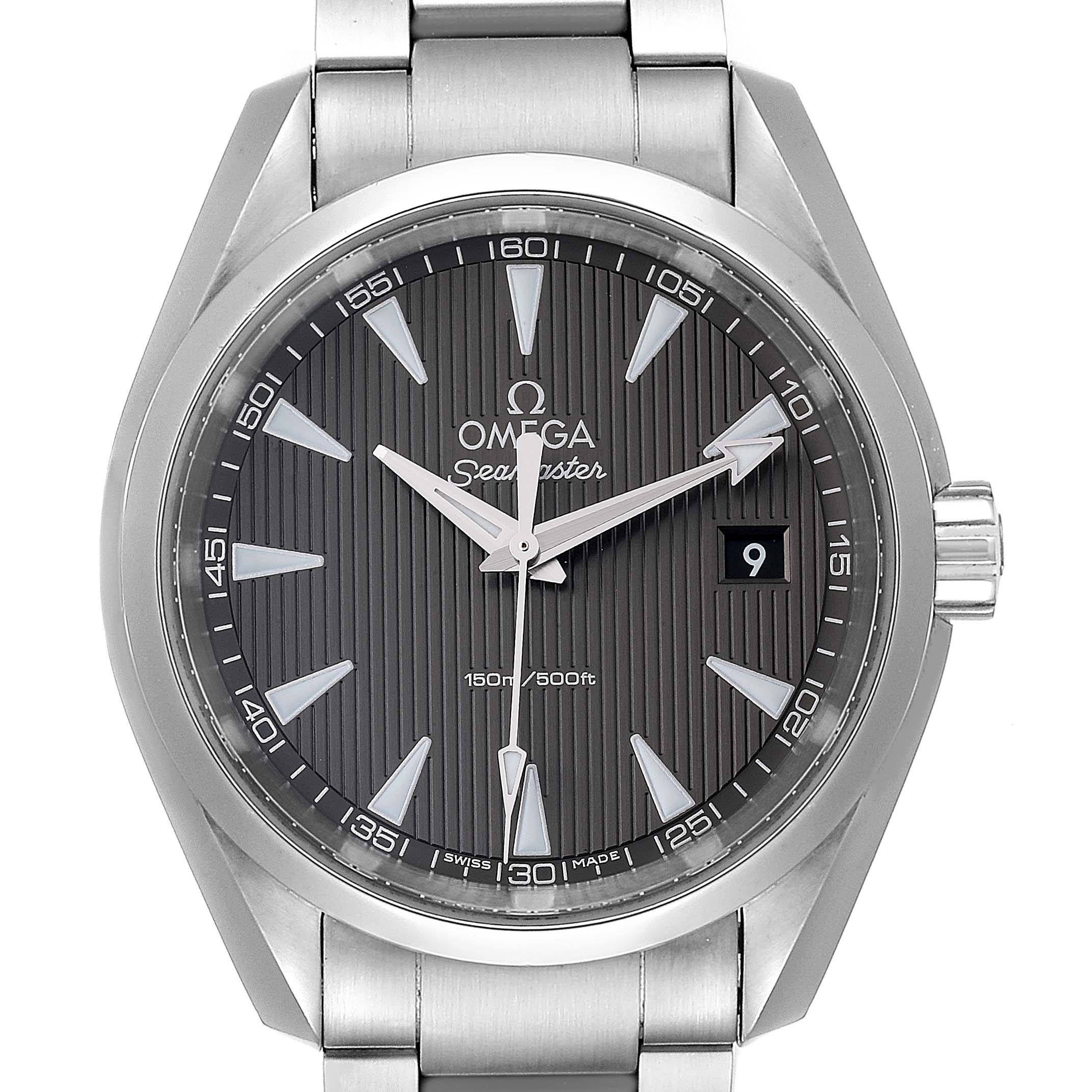This is a front view of the Omega Seamaster 231.10.39.60.06.001 Men's Stainless Steel Grey Dial 231.10.39.60.06.001 Men's Stainless Steel Grey Dial watch, showing the dial, hands, date window, and stainless steel bracelet.