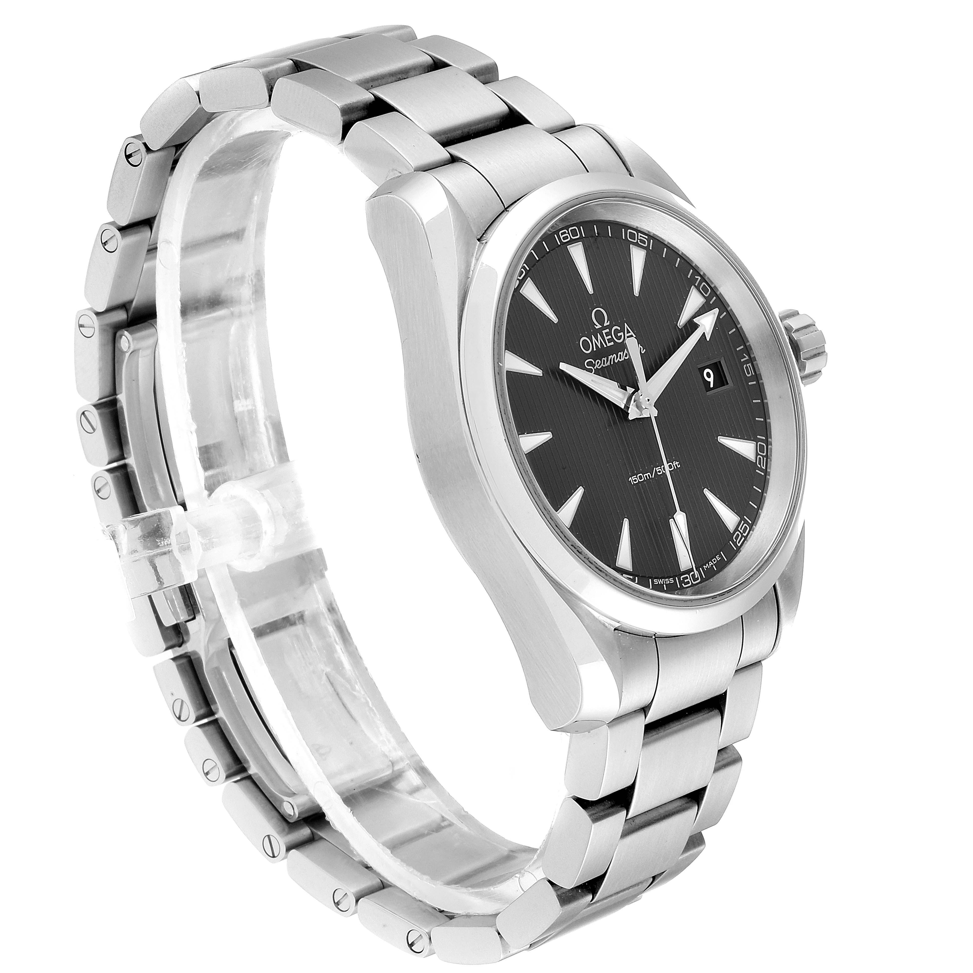 The image shows a side angle of the Omega Seamaster 231.10.39.60.06.001 Men's Stainless Steel Grey Dial 231.10.39.60.06.001 Men's Stainless Steel Grey Dial watch, focusing on its stainless steel case, band, and black dial.