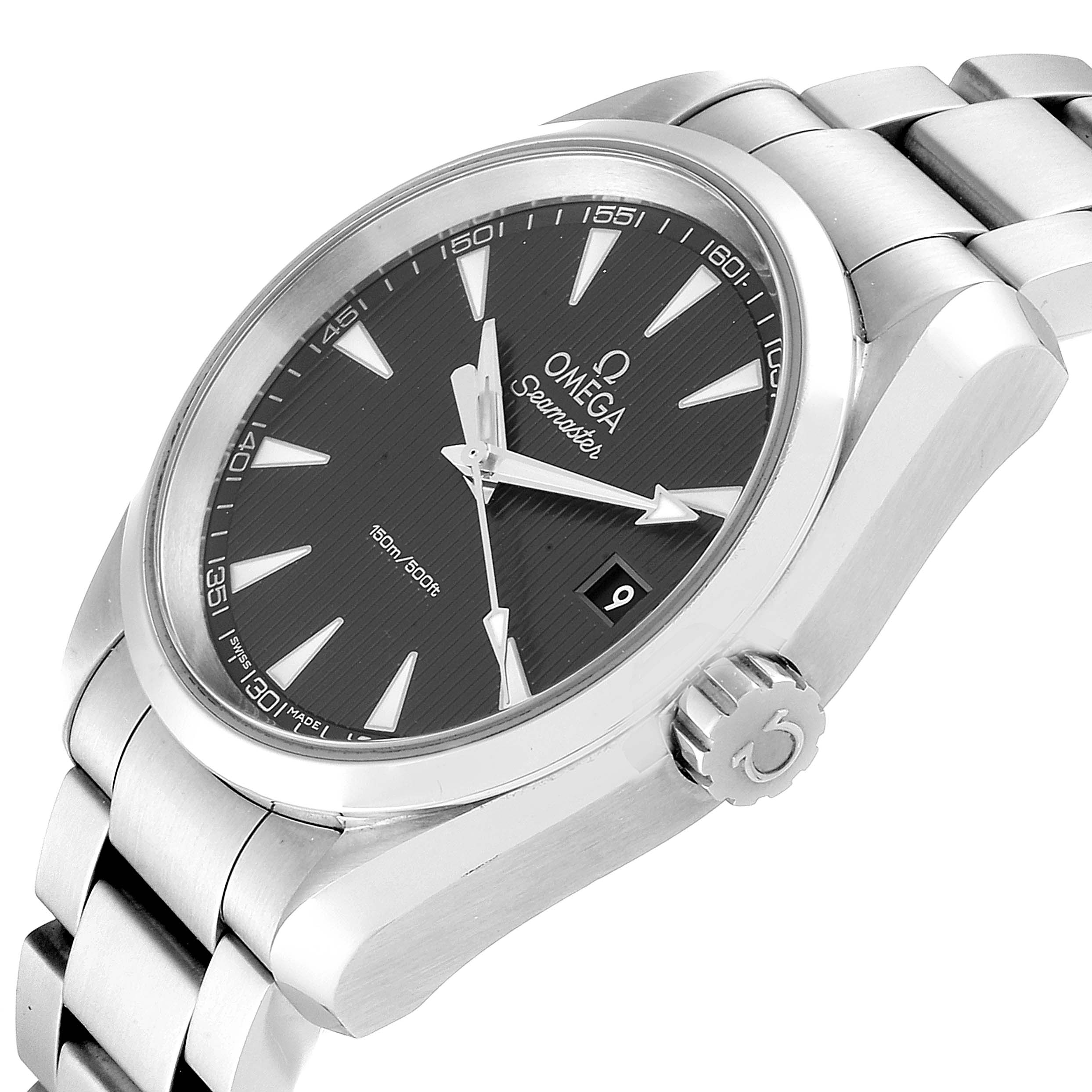 The image shows an angled side view of the Omega Seamaster 231.10.39.60.06.001 Men's Stainless Steel Grey Dial 231.10.39.60.06.001 Men's Stainless Steel Grey Dial watch, featuring the dial, bezel, bracelet, and crown.