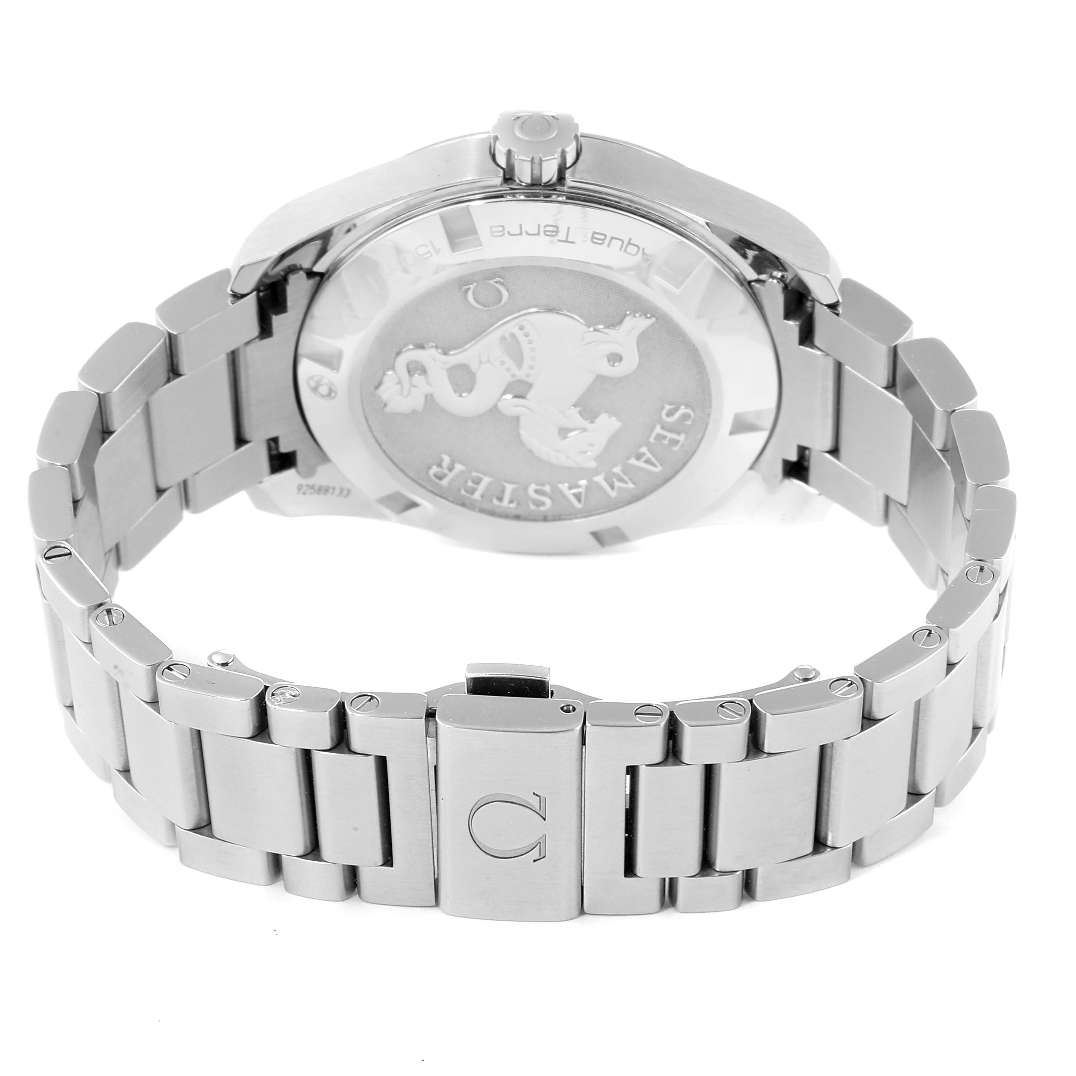 The image shows the back case and stainless steel bracelet of an Omega Seamaster 231.10.39.60.06.001 Men's Stainless Steel Grey Dial 231.10.39.60.06.001 Men's Stainless Steel Grey Dial watch, including the clasp and crown.