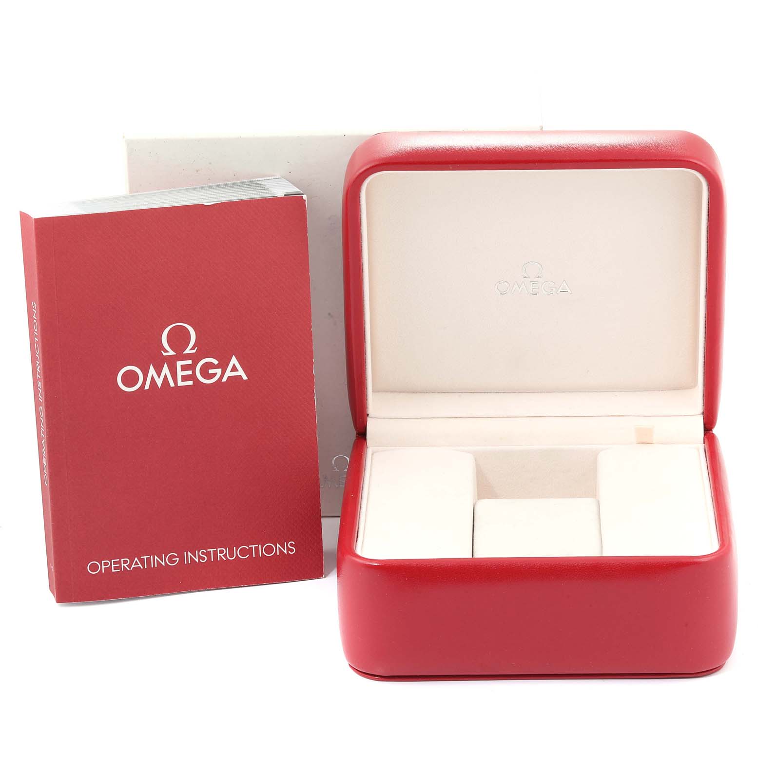 The image shows an Omega Seamaster 231.10.39.60.06.001 Men's Stainless Steel Grey Dial 231.10.39.60.06.001 Men's Stainless Steel Grey Dial watch box and operating instructions from a slight front angle.