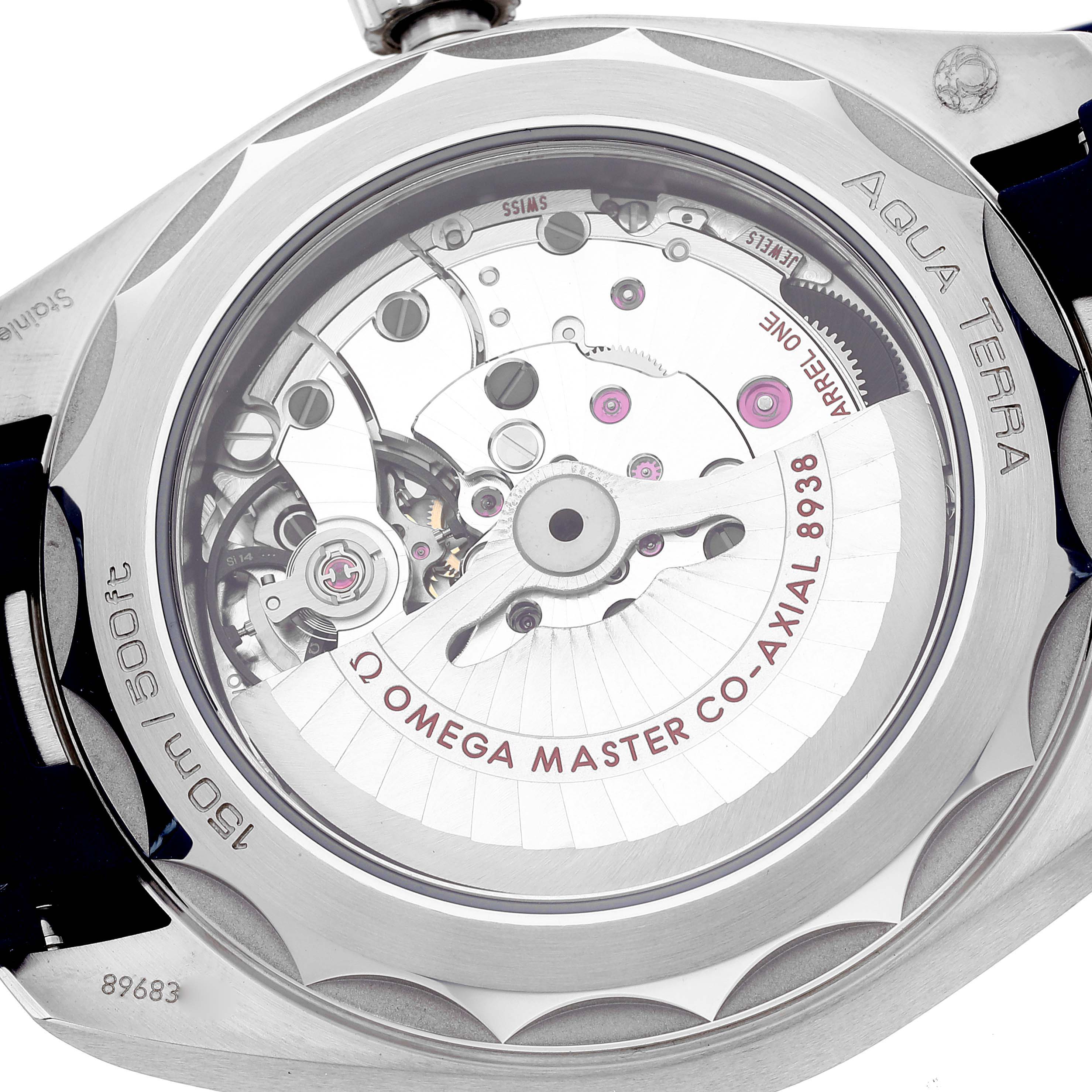 This image shows the back of an Omega Aqua Terra 220.12.43.22.03.001 Men's Stainless Steel Blue Dial 220.12.43.22.03.001 Men's Stainless Steel Blue Dial watch, displaying its internal mechanisms and rotor.