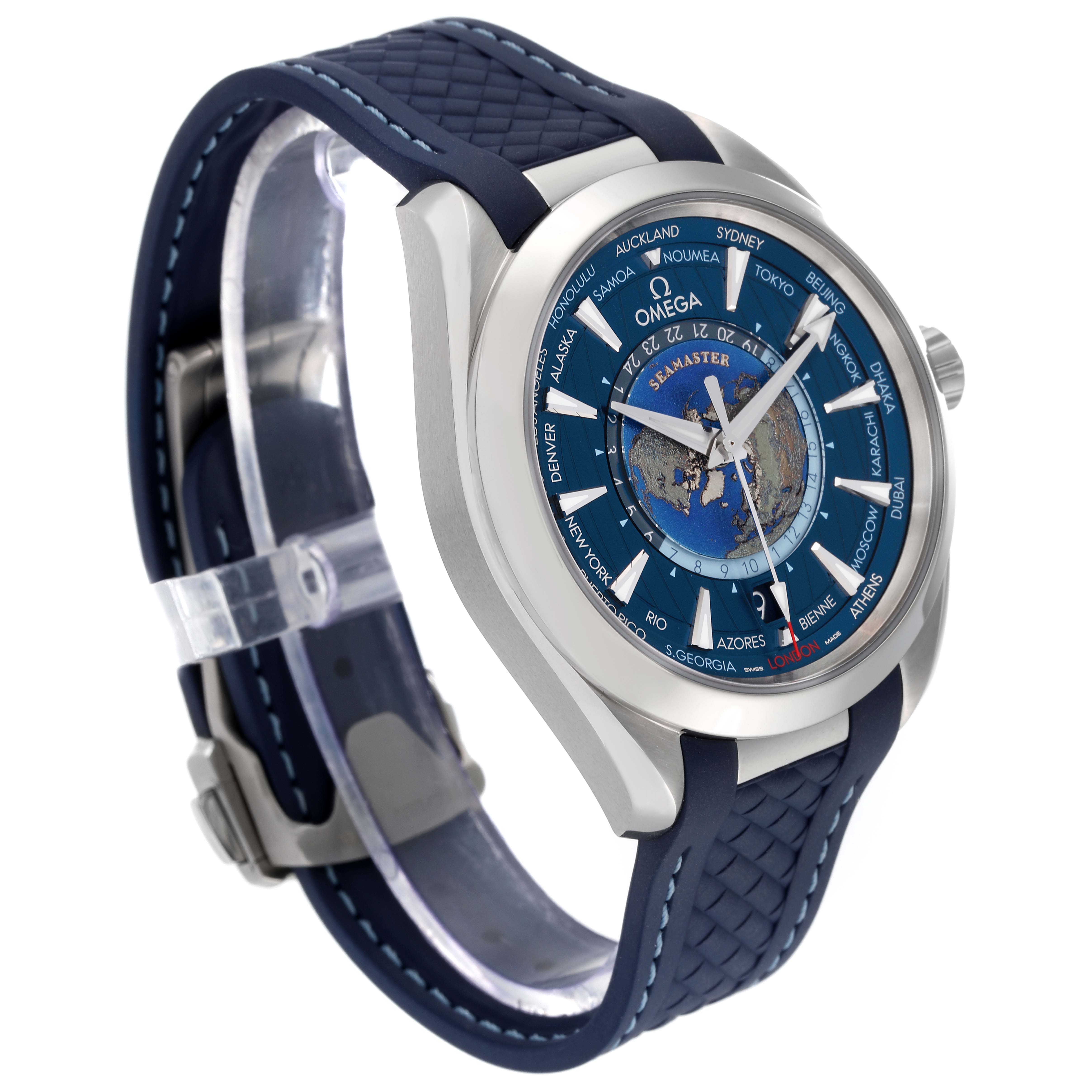 The image shows an Omega Seamaster Aqua Terra watch from a side angle, highlighting its blue strap, case, and dial.