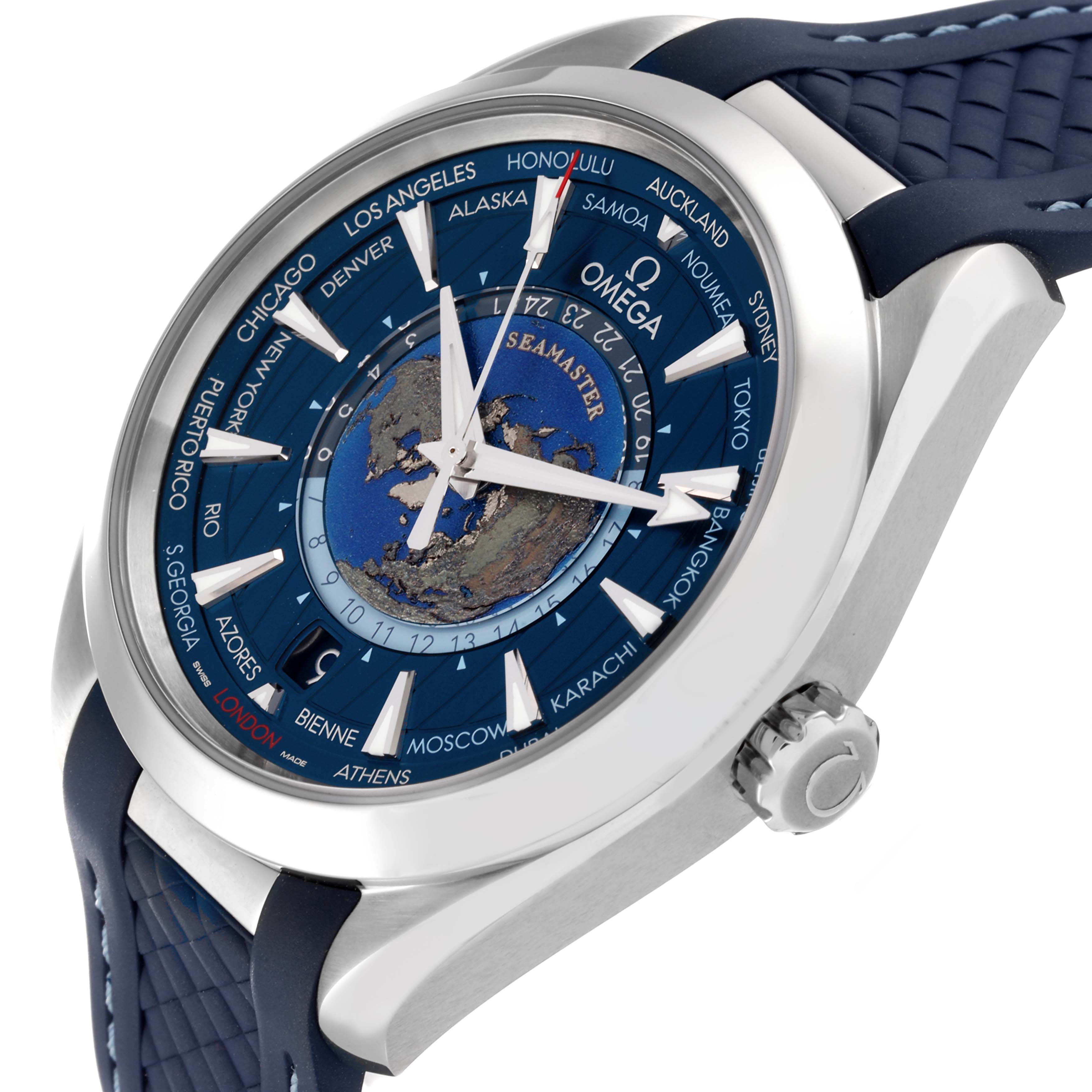 The image shows an angled close-up of the Omega Aqua Terra 220.12.43.22.03.001 Men's Stainless Steel Blue Dial 220.12.43.22.03.001 Men's Stainless Steel Blue Dial watch face and part of the blue strap and crown.